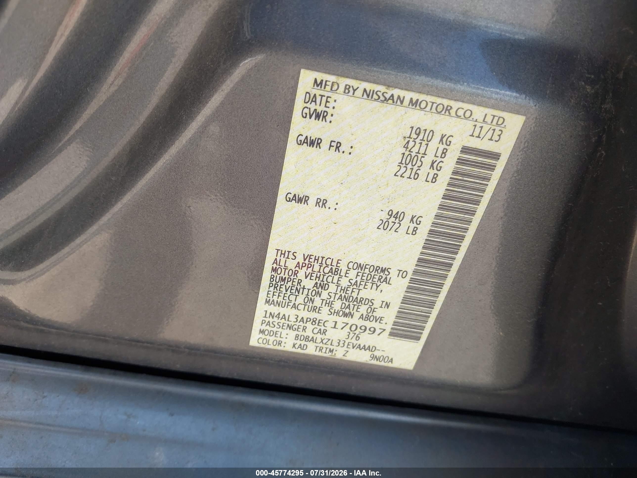 2014 Nissan Altima 2.5 Sl Gray vin: 1N4AL3AP8EC170997