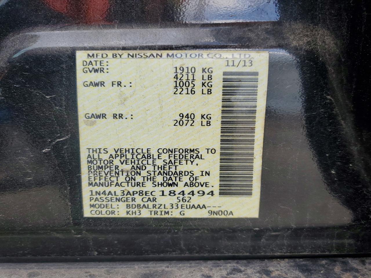 2014 Nissan Altima 2.5 S Black vin: 1N4AL3AP8EC184494