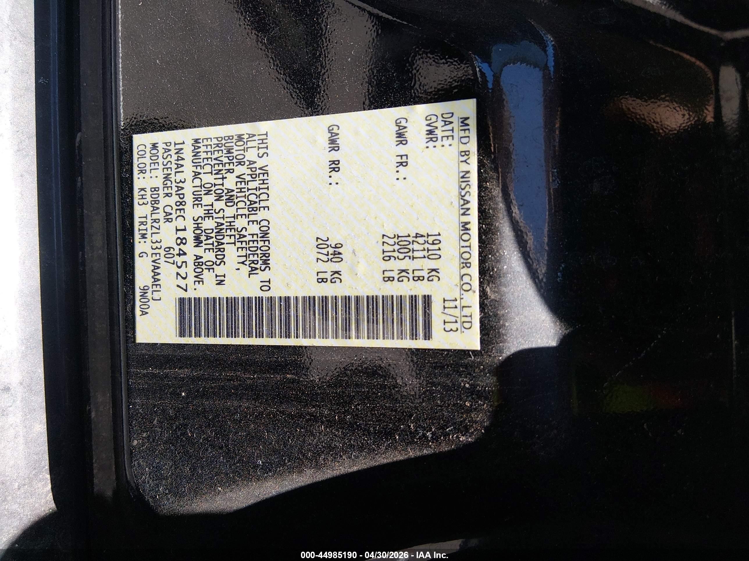 2014 Nissan Altima 2.5 S Black vin: 1N4AL3AP8EC184527