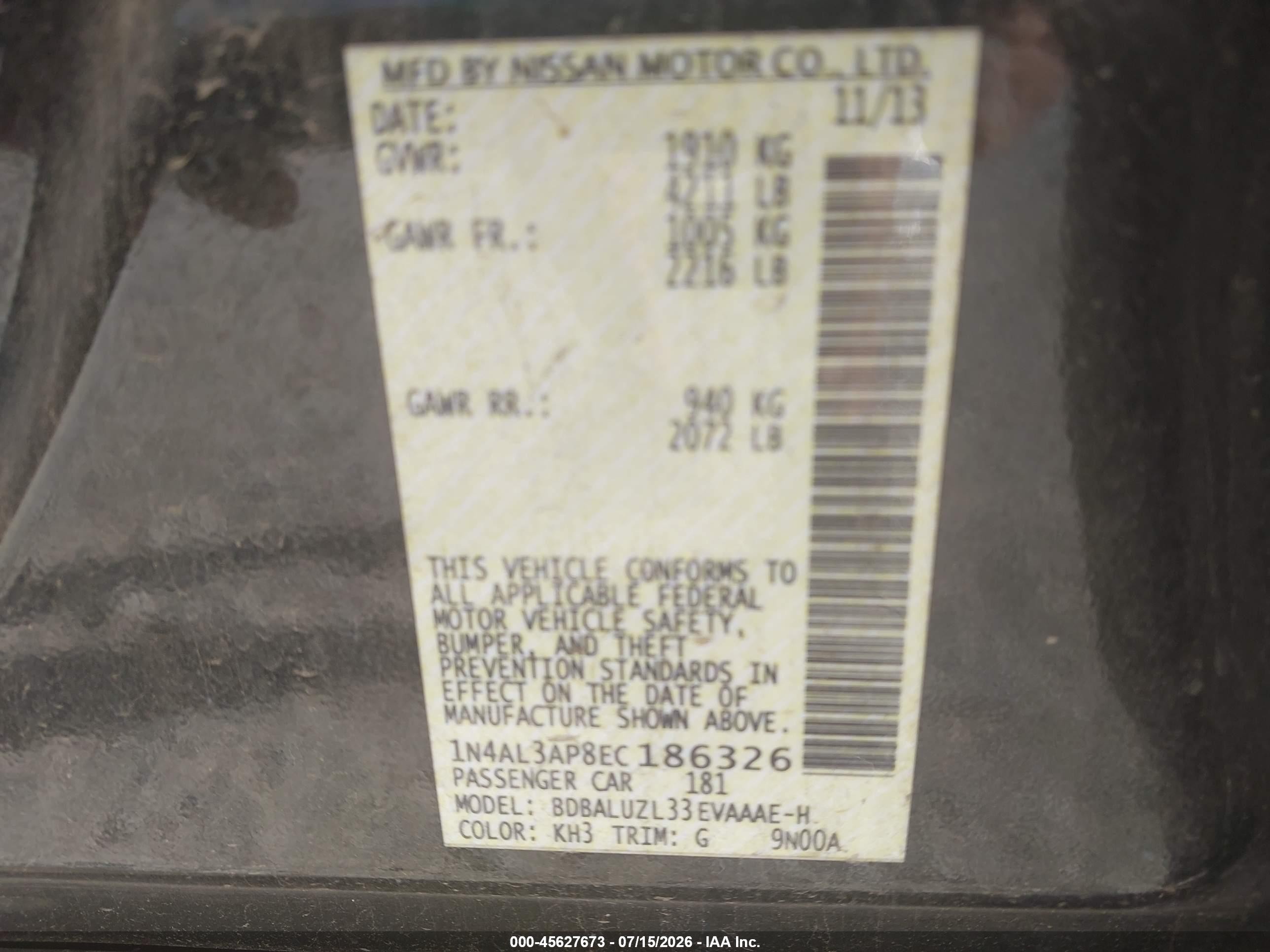 2014 Nissan Altima 2.5 Sv Black vin: 1N4AL3AP8EC186326