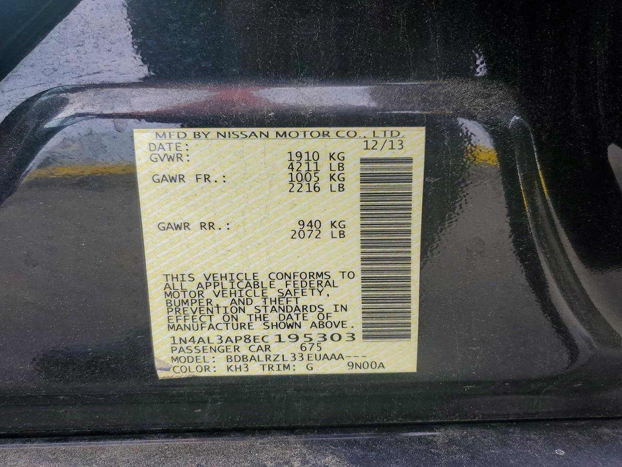 2014 Nissan Altima 2.5 S Black vin: 1N4AL3AP8EC195303