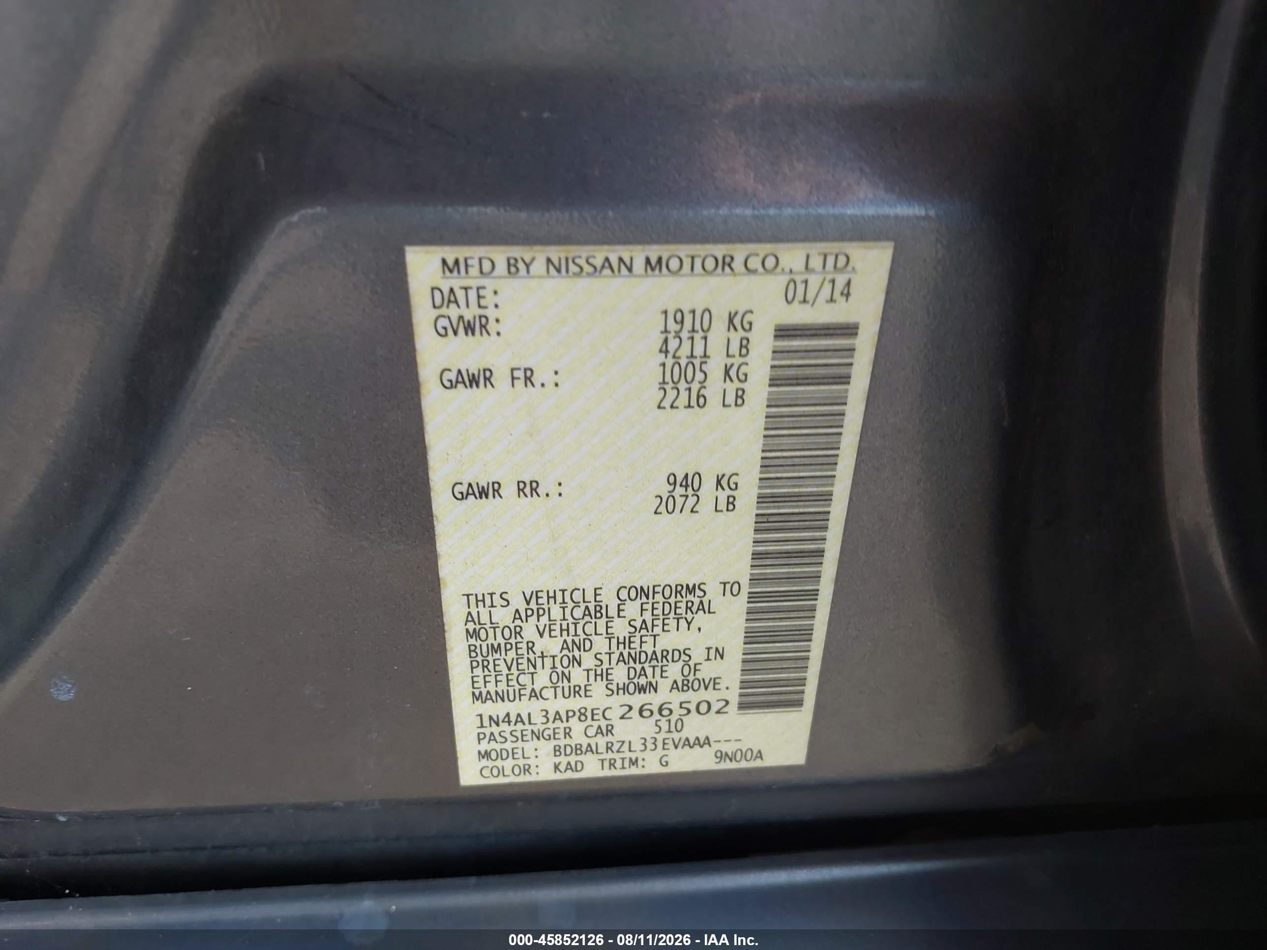 2014 Nissan Altima 2.5/2.5 S/2.5 Sl/2.5 Sv Gray vin: 1N4AL3AP8EC266502