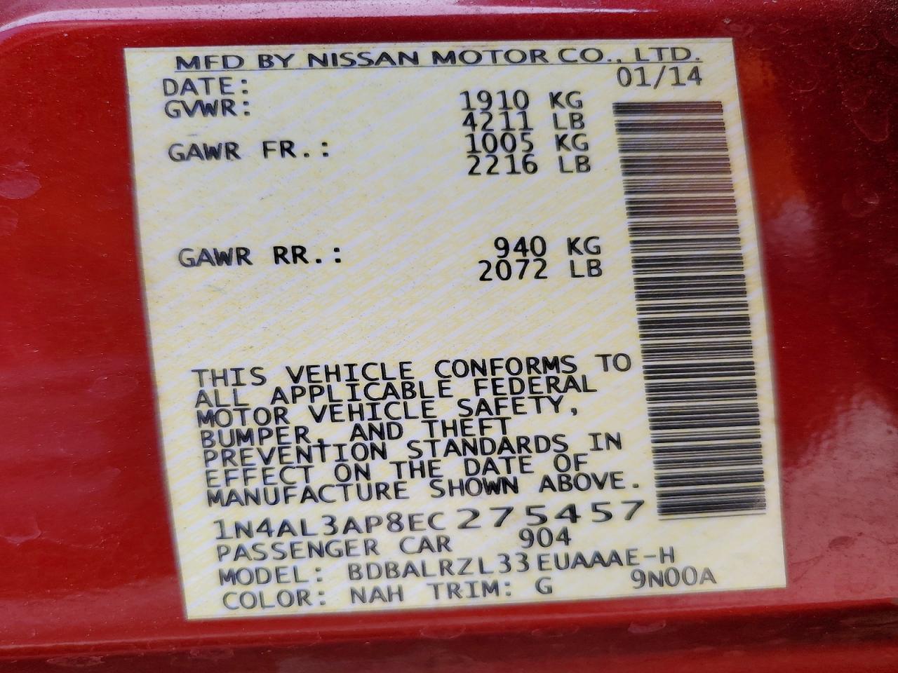 2014 Nissan Altima 2.5 S Red vin: 1N4AL3AP8EC275457