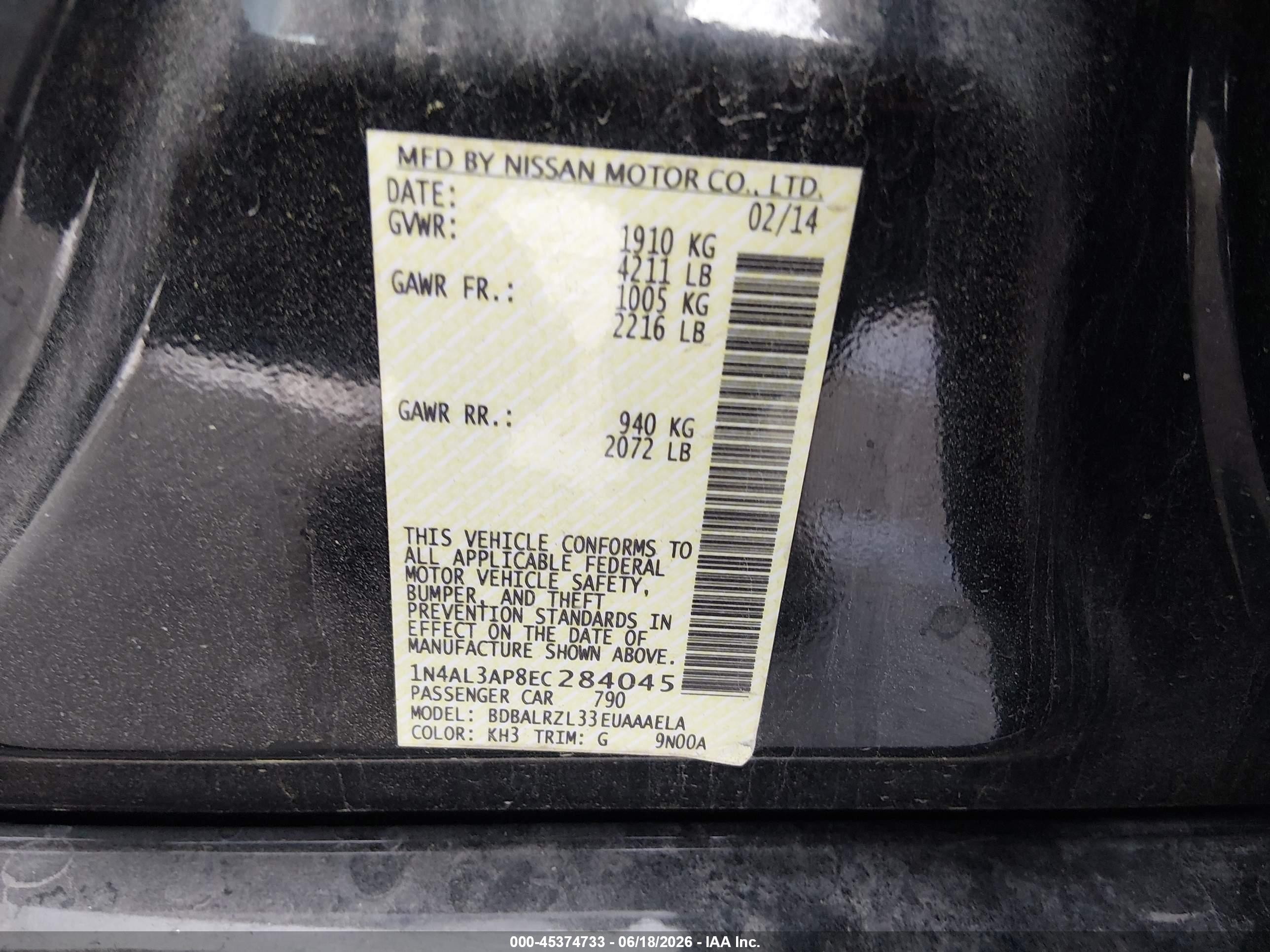 2014 Nissan Altima 2.5 S Black vin: 1N4AL3AP8EC284045