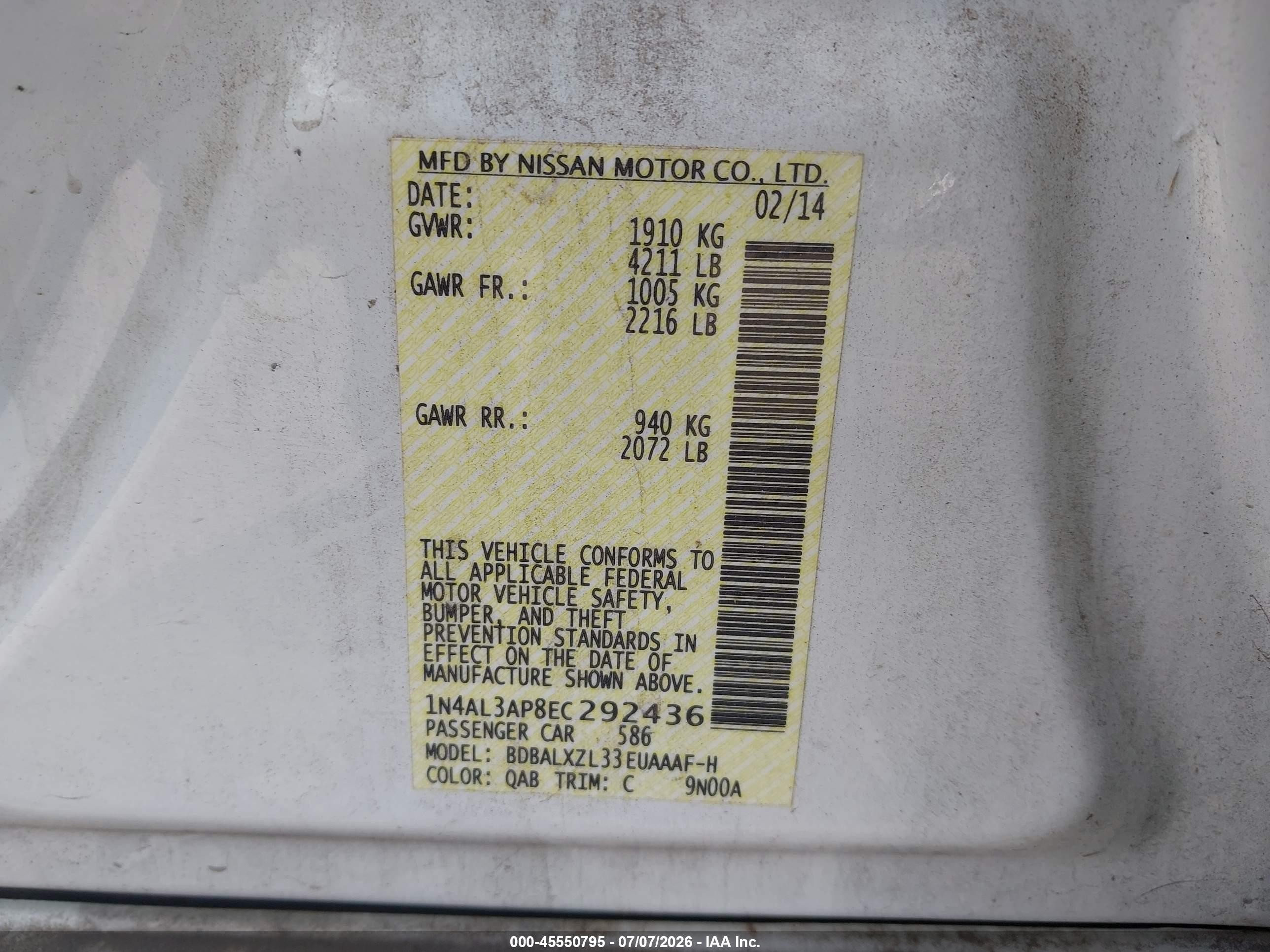 2014 Nissan Altima 2.5 Sl White vin: 1N4AL3AP8EC292436