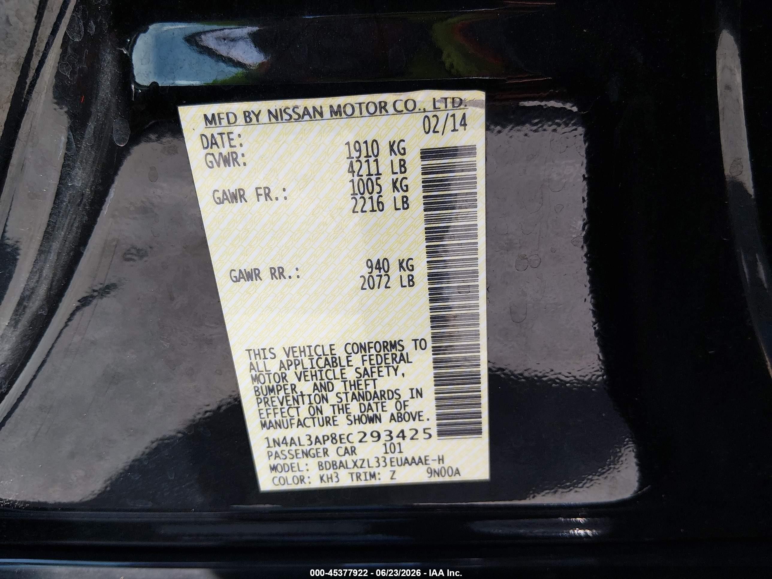 2014 Nissan Altima 2.5 Sl Black vin: 1N4AL3AP8EC293425