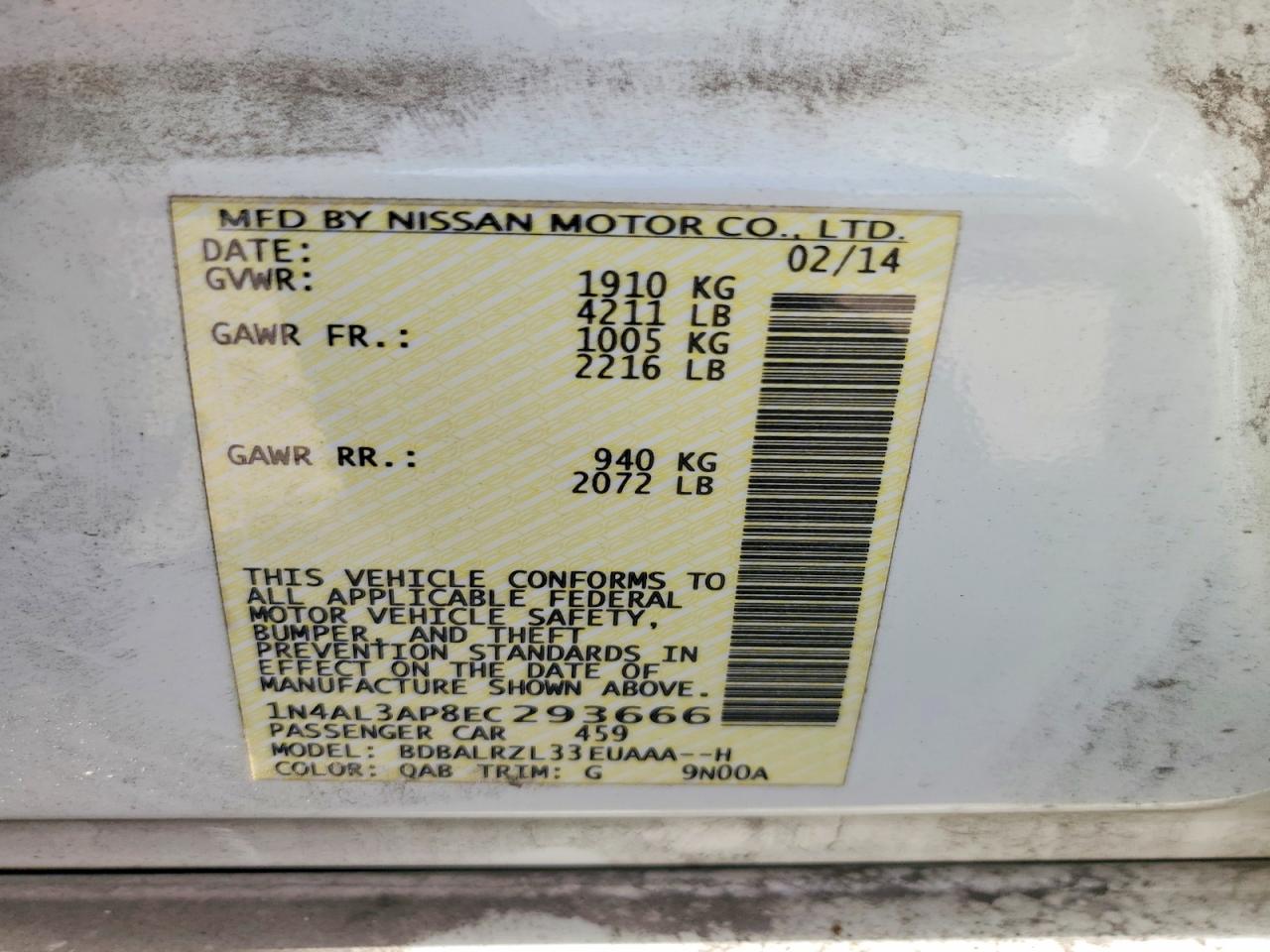 2014 Nissan Altima 2.5 S White vin: 1N4AL3AP8EC293666