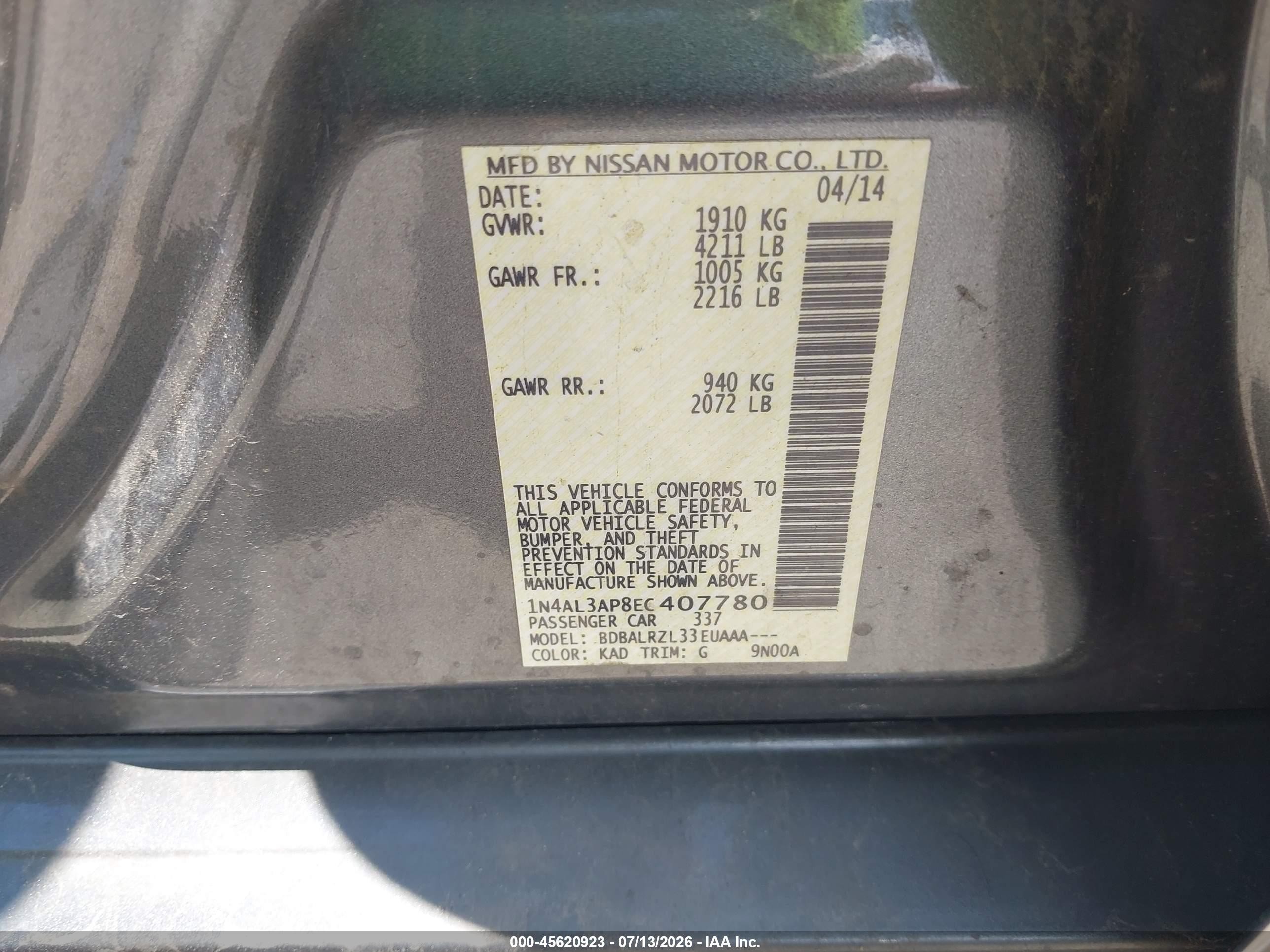 2014 Nissan Altima 2.5/2.5 S/2.5 Sl/2.5 Sv Gray vin: 1N4AL3AP8EC407780