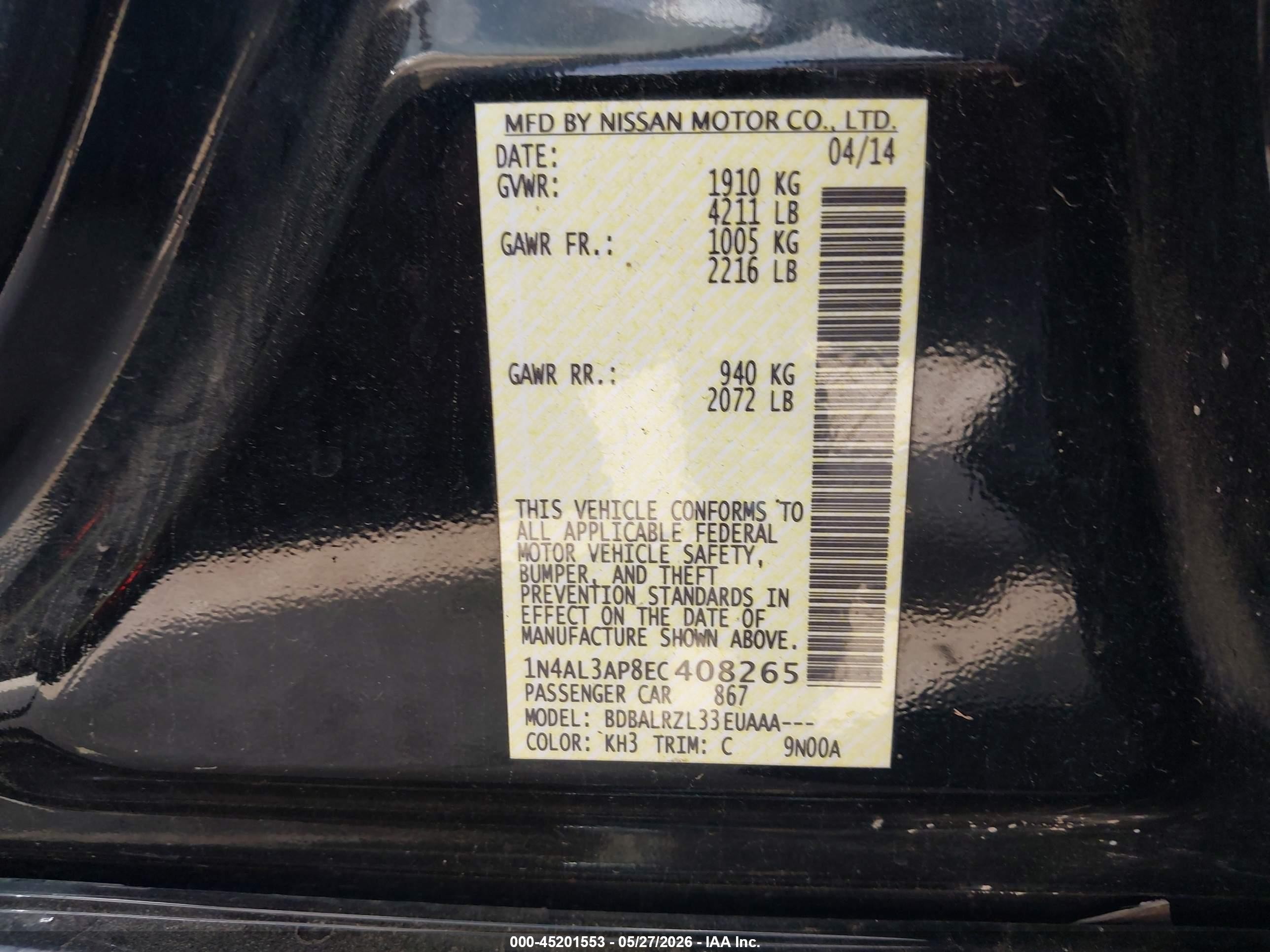 2014 Nissan Altima 2.5/2.5 S/2.5 Sl/2.5 Sv Black vin: 1N4AL3AP8EC408265