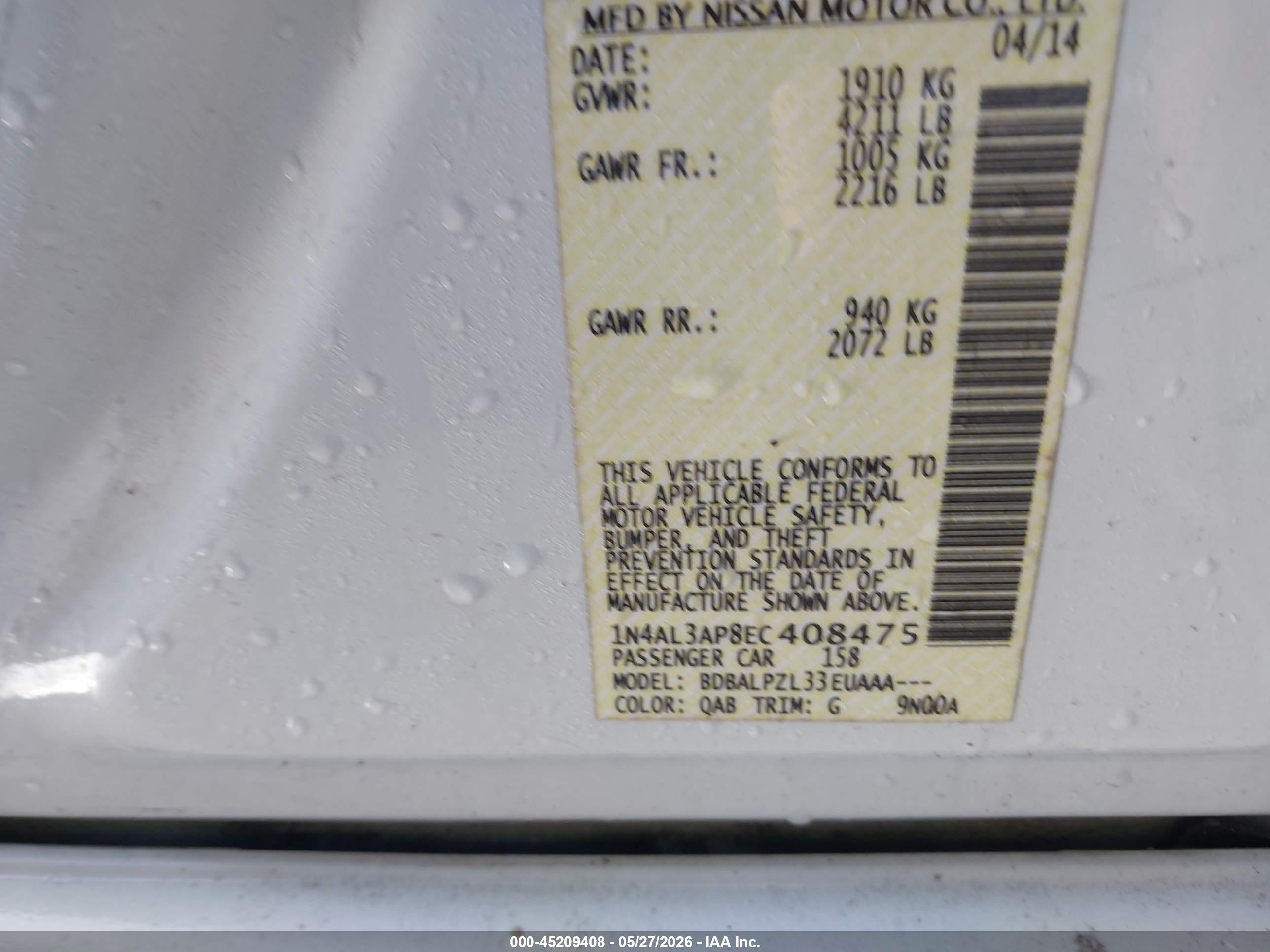 2014 Nissan Altima 2.5 White vin: 1N4AL3AP8EC408475