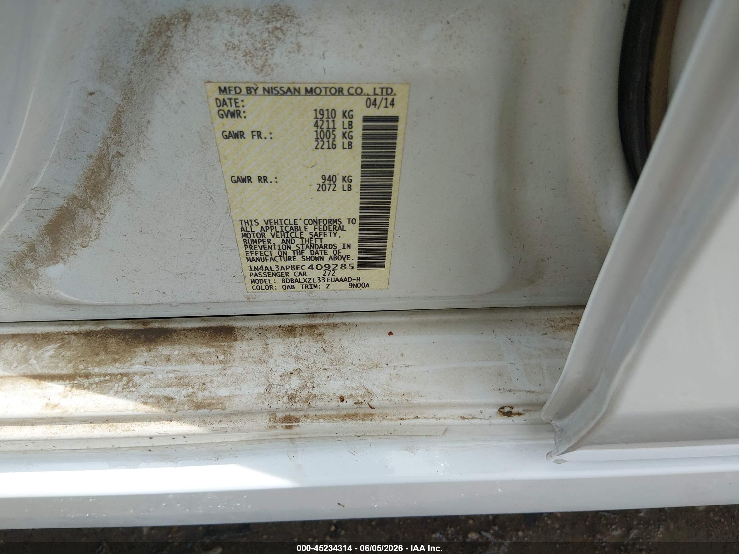2014 Nissan Altima 2.5 Sl White vin: 1N4AL3AP8EC409285