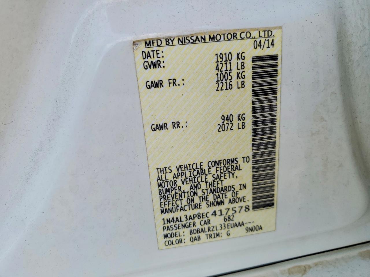 2014 Nissan Altima 2.5 S White vin: 1N4AL3AP8EC417578