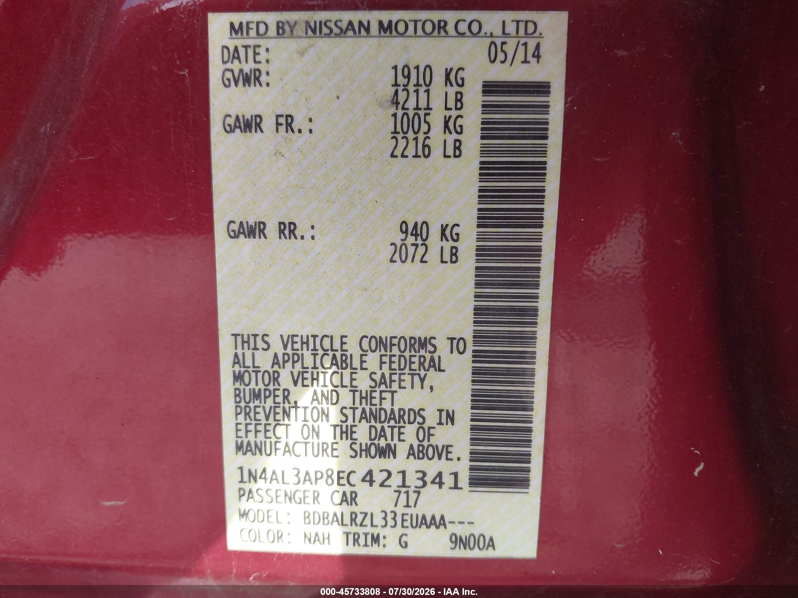 2014 Nissan Altima 2.5/2.5 S/2.5 Sl/2.5 Sv Red vin: 1N4AL3AP8EC421341