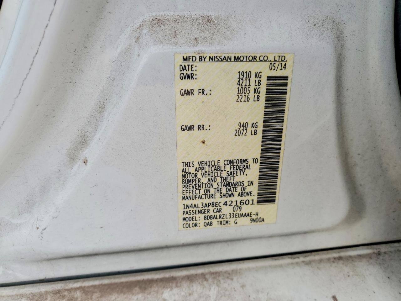 2014 Nissan Altima 2.5 Белый vin: 1N4AL3AP8EC421601