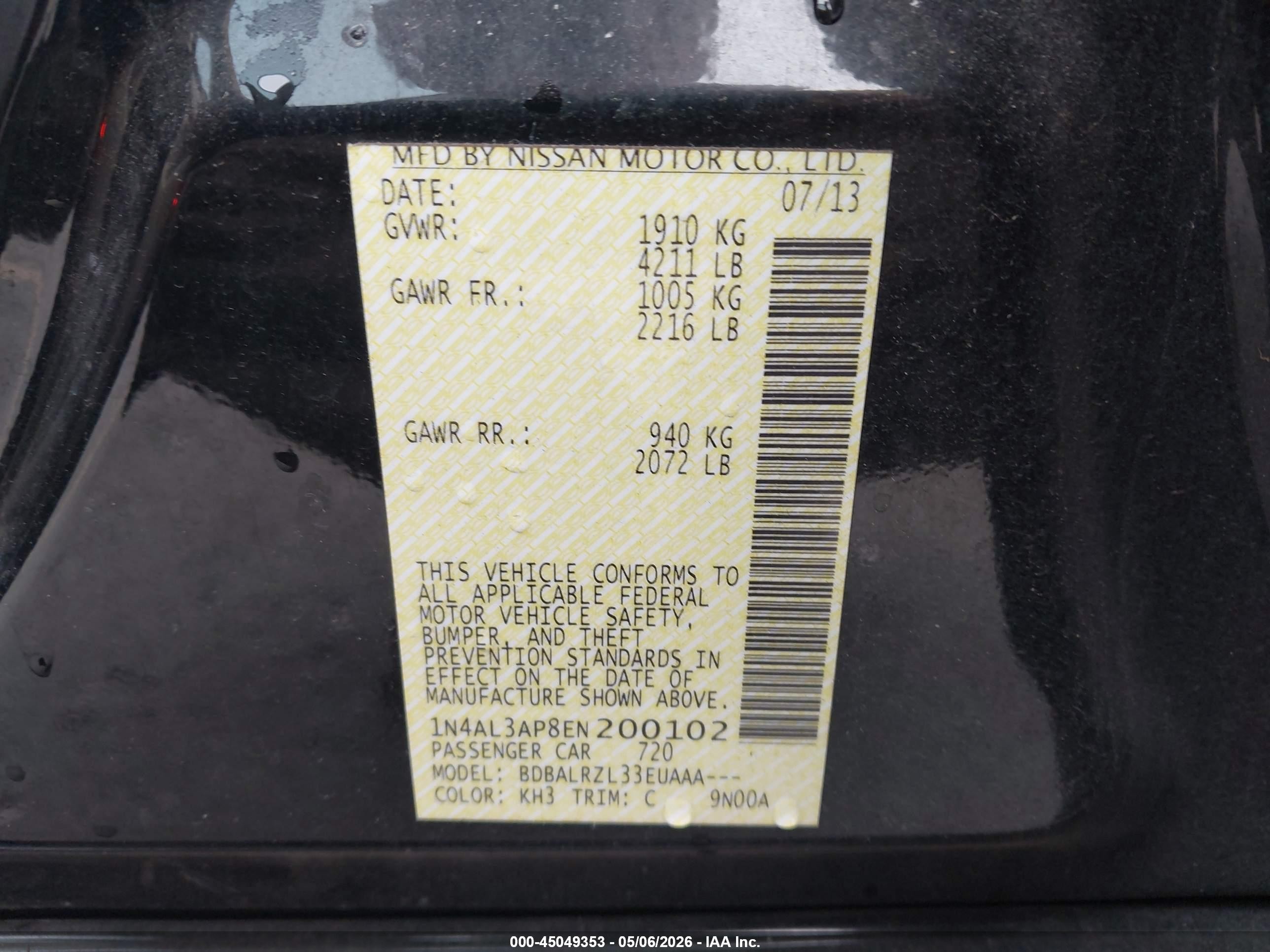 2014 Nissan Altima 2.5 S Black vin: 1N4AL3AP8EN200102