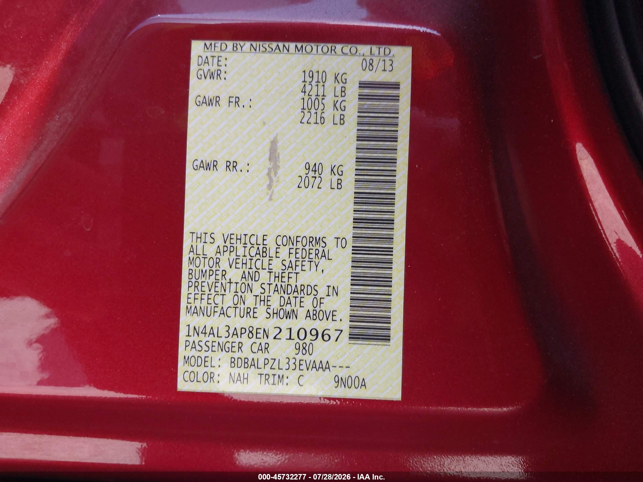 2014 Nissan Altima 2.5 Red vin: 1N4AL3AP8EN210967