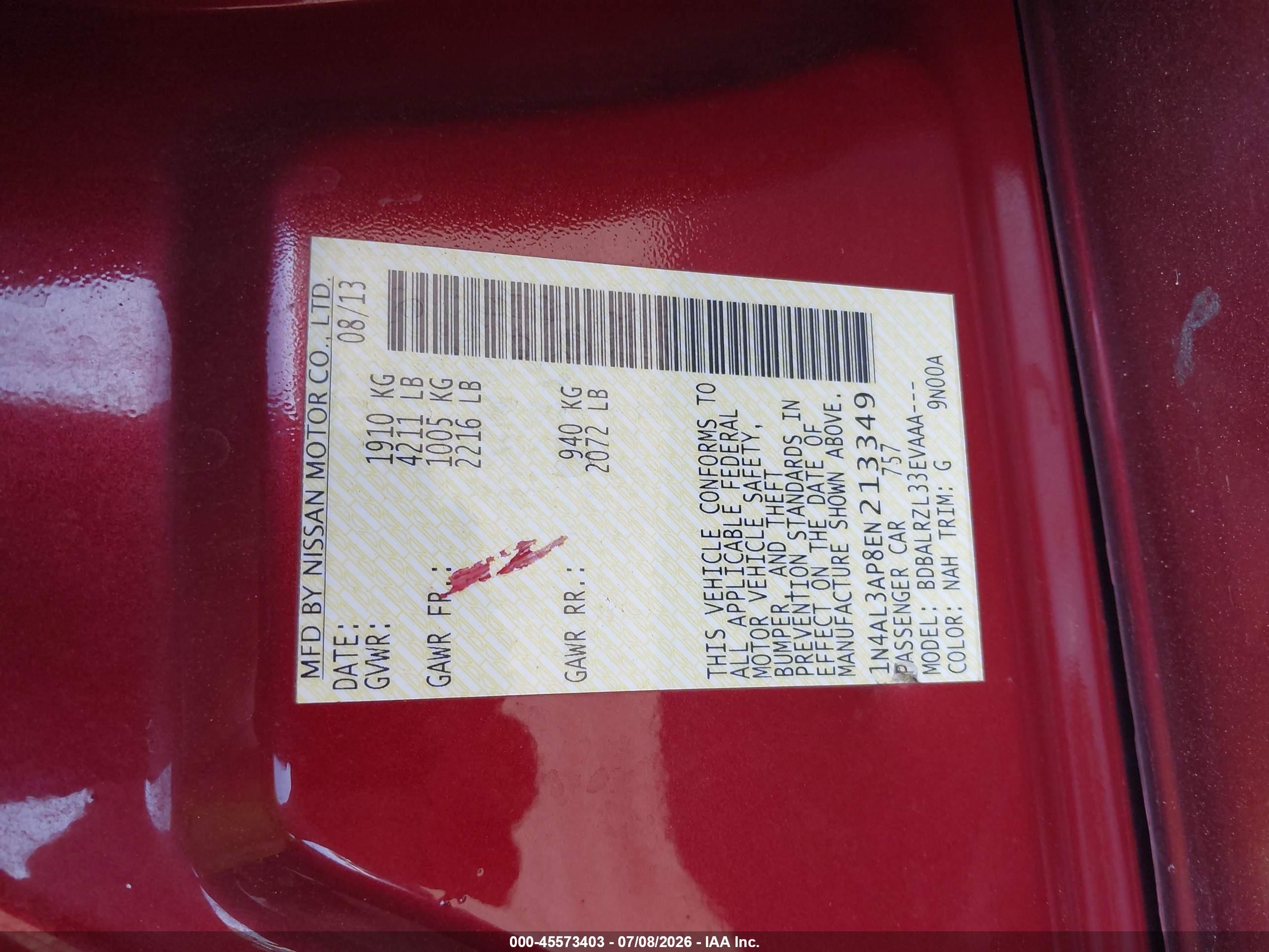 2014 Nissan Altima 2.5 S Red vin: 1N4AL3AP8EN213349