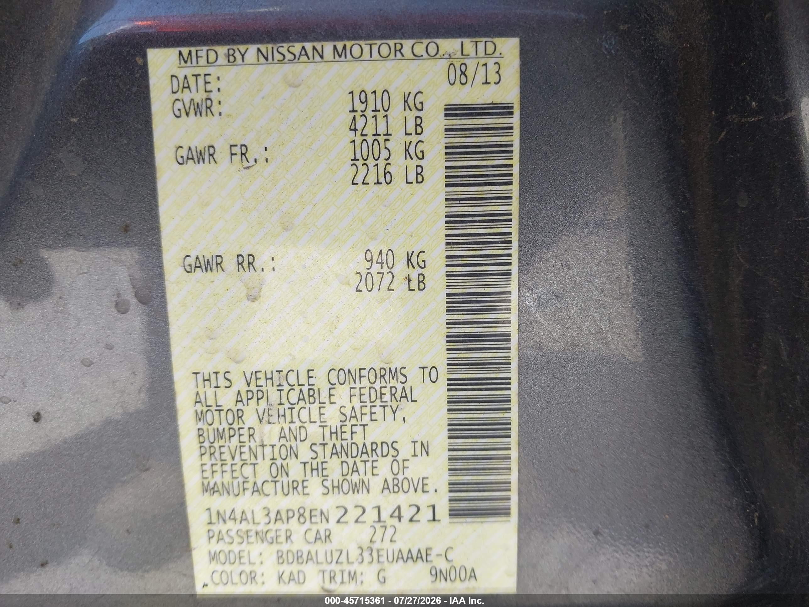 2014 Nissan Altima 2.5 Sv Gray vin: 1N4AL3AP8EN221421