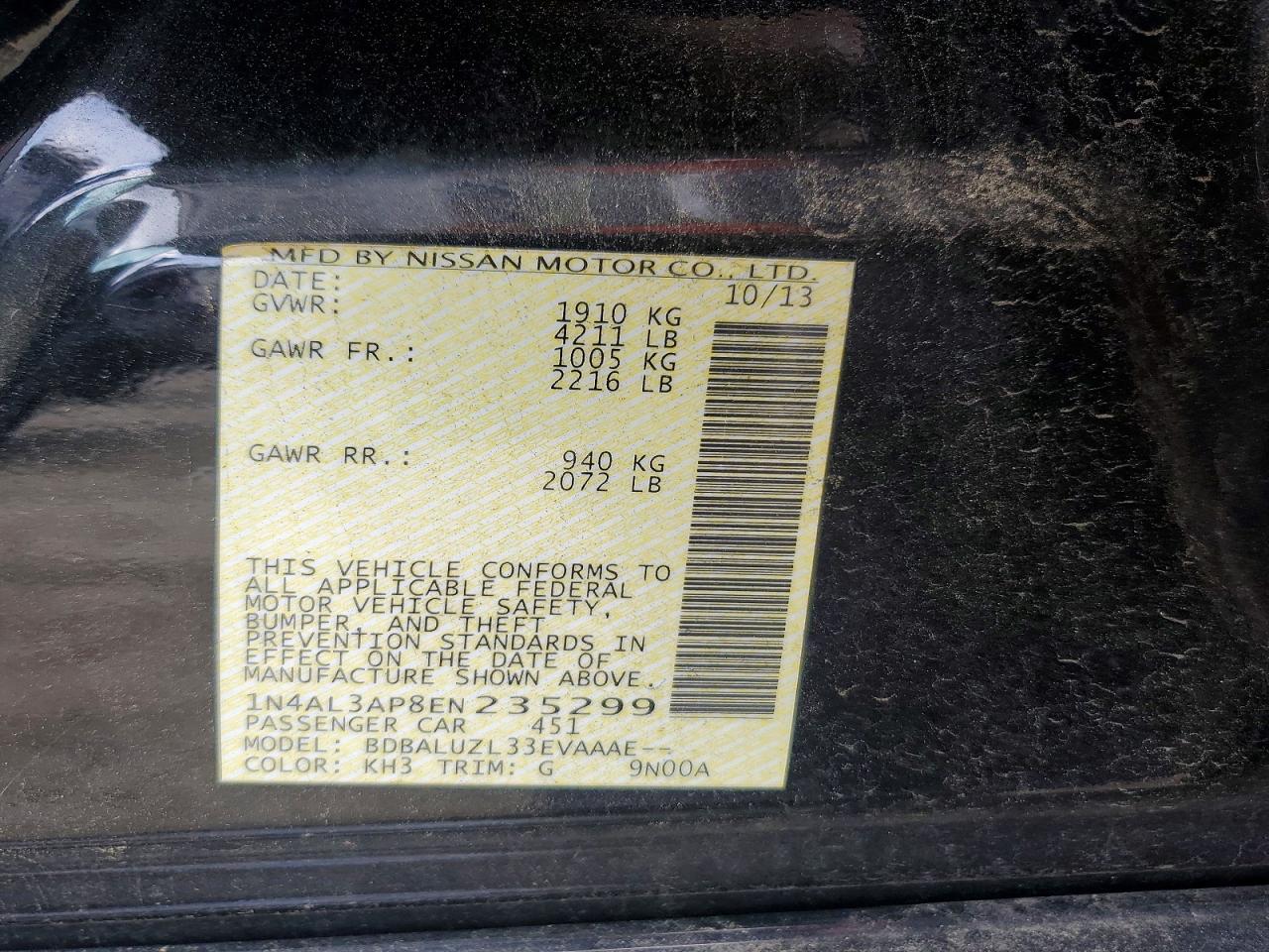 2014 Nissan Altima 2.5 Sv Black vin: 1N4AL3AP8EN235299