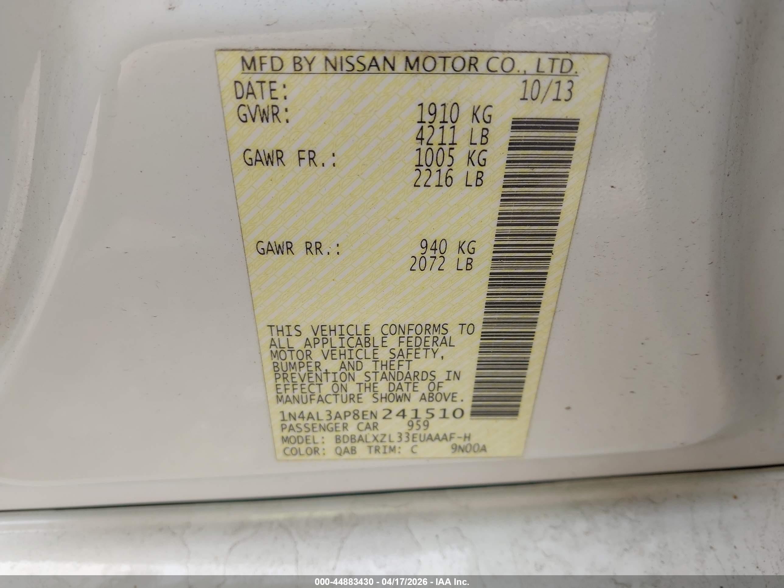 2014 Nissan Altima 2.5 Sl White vin: 1N4AL3AP8EN241510