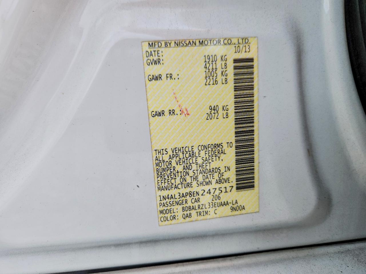 2014 Nissan Altima 2.5 S White vin: 1N4AL3AP8EN247517