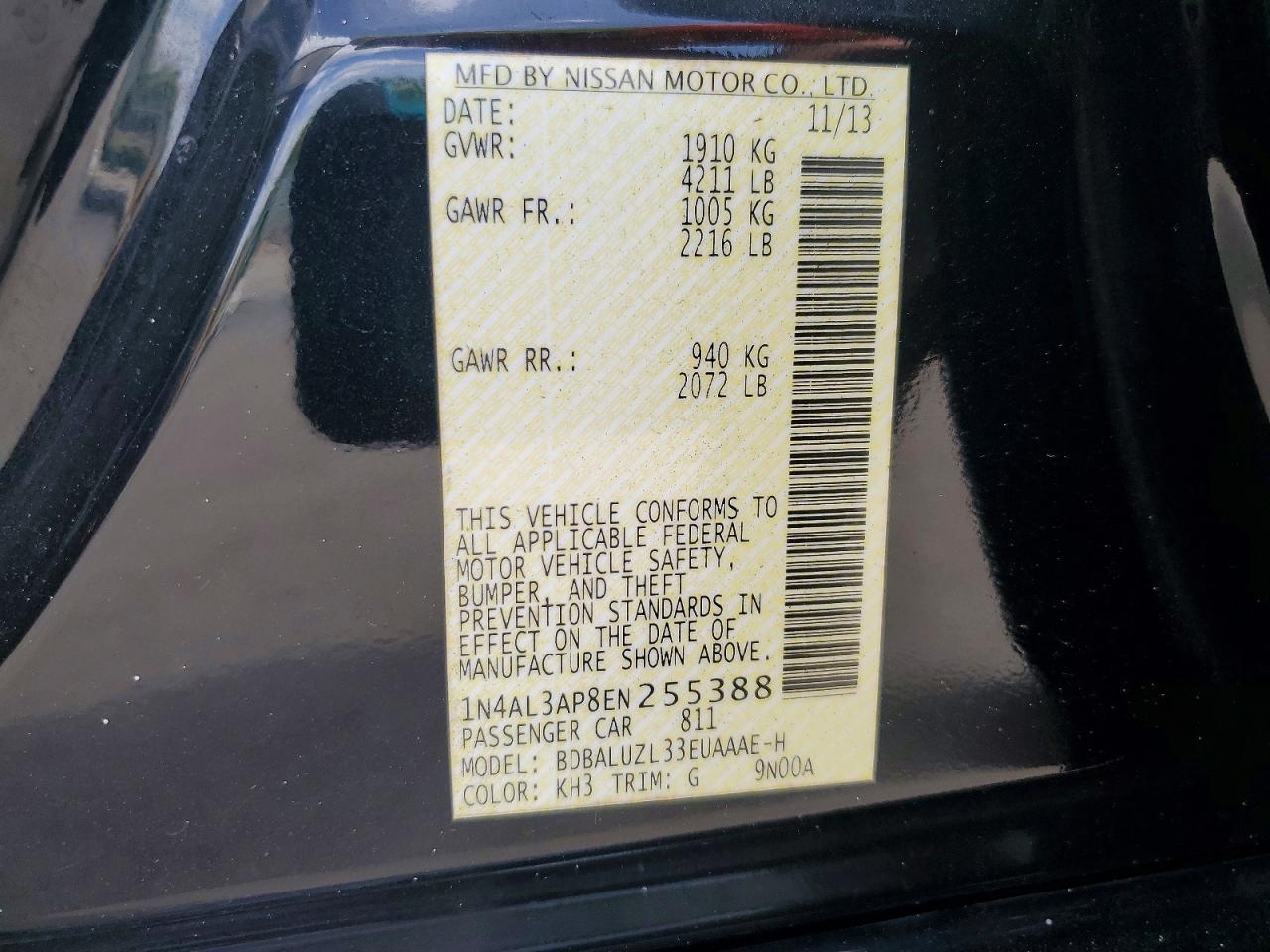 2014 Nissan Altima 2.5 Sv Black vin: 1N4AL3AP8EN255388