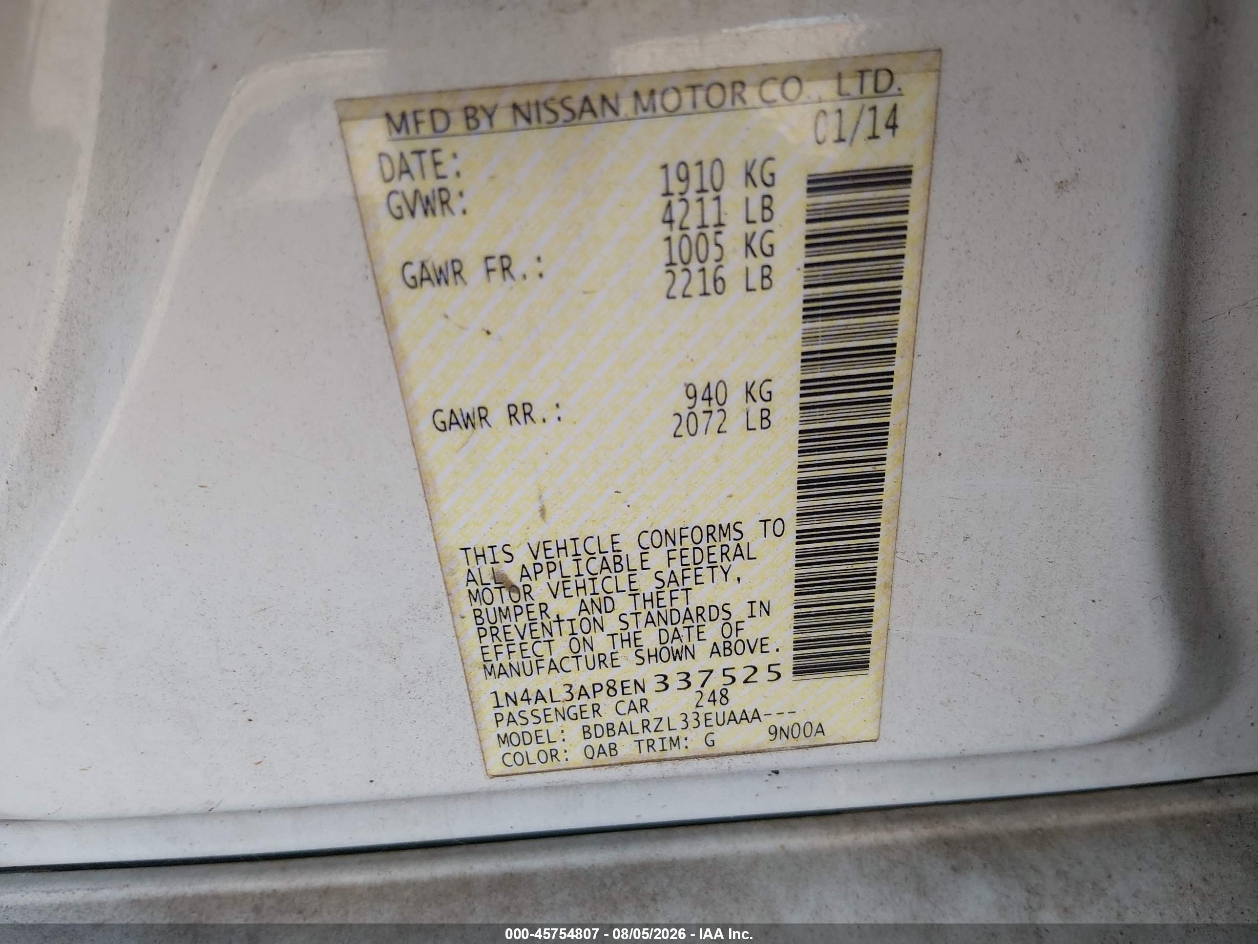 2014 Nissan Altima 2.5/2.5 S/2.5 Sl/2.5 Sv White vin: 1N4AL3AP8EN337525