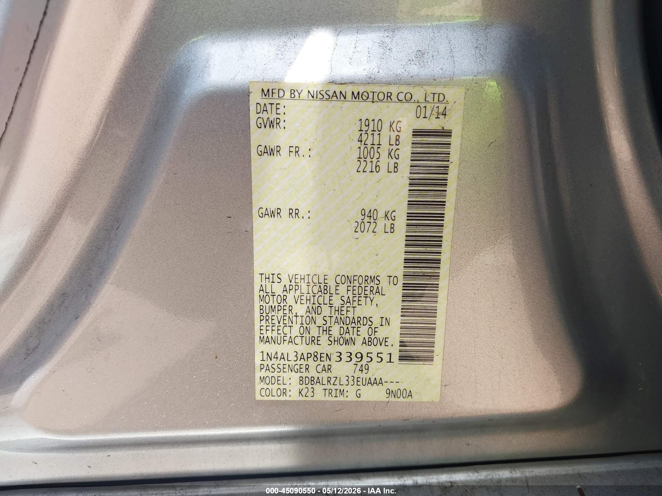2014 Nissan Altima 2.5/2.5 S/2.5 Sl/2.5 Sv Silver vin: 1N4AL3AP8EN339551