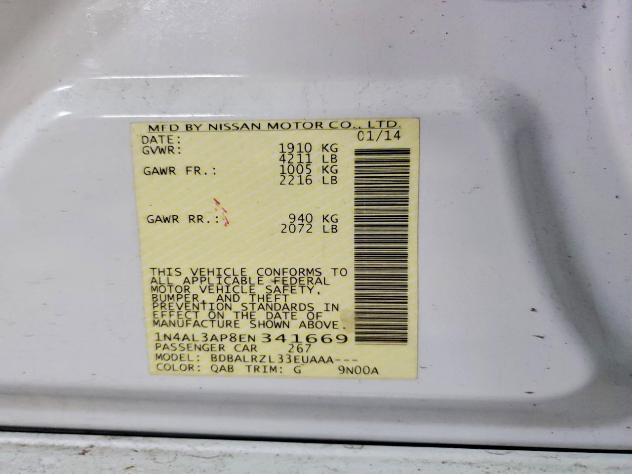 2014 Nissan Altima 2.5 S White vin: 1N4AL3AP8EN341669