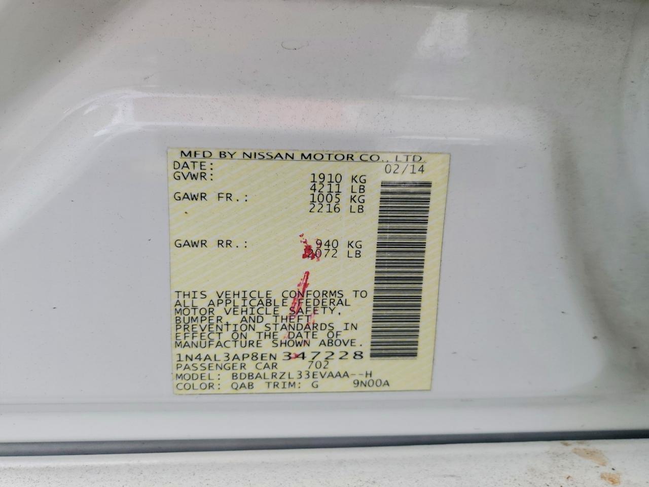 2014 Nissan Altima 2.5 S White vin: 1N4AL3AP8EN347228
