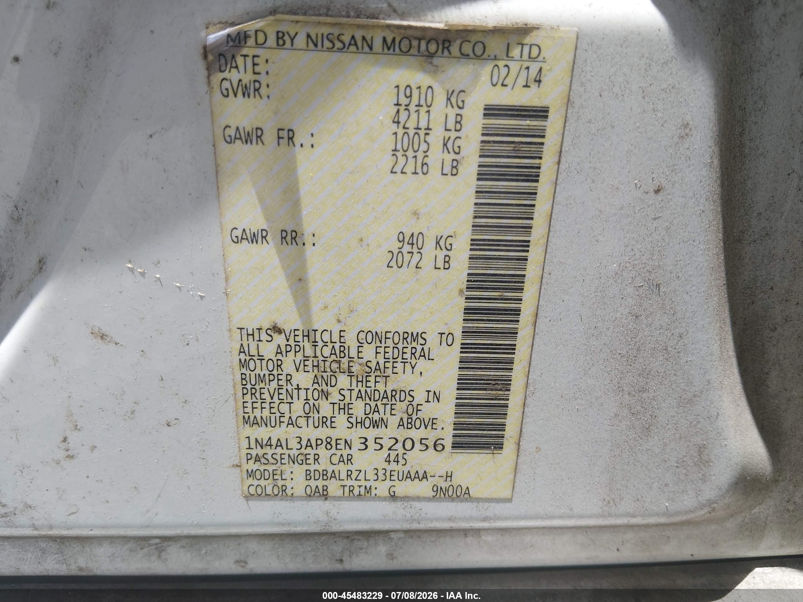 2014 Nissan Altima 2.5 S White vin: 1N4AL3AP8EN352056