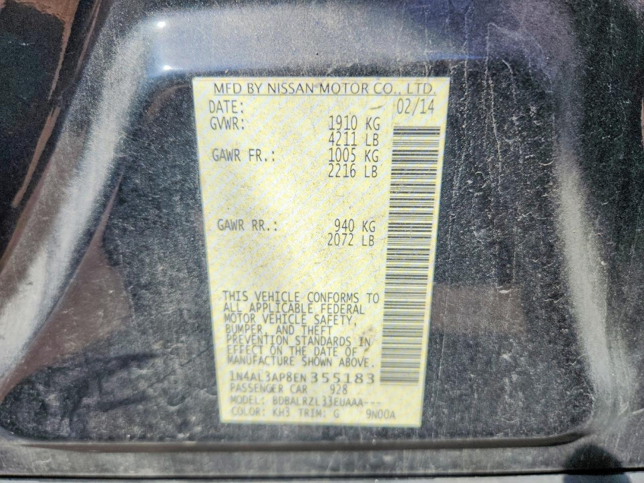2014 Nissan Altima Black vin: 1N4AL3AP8EN355183