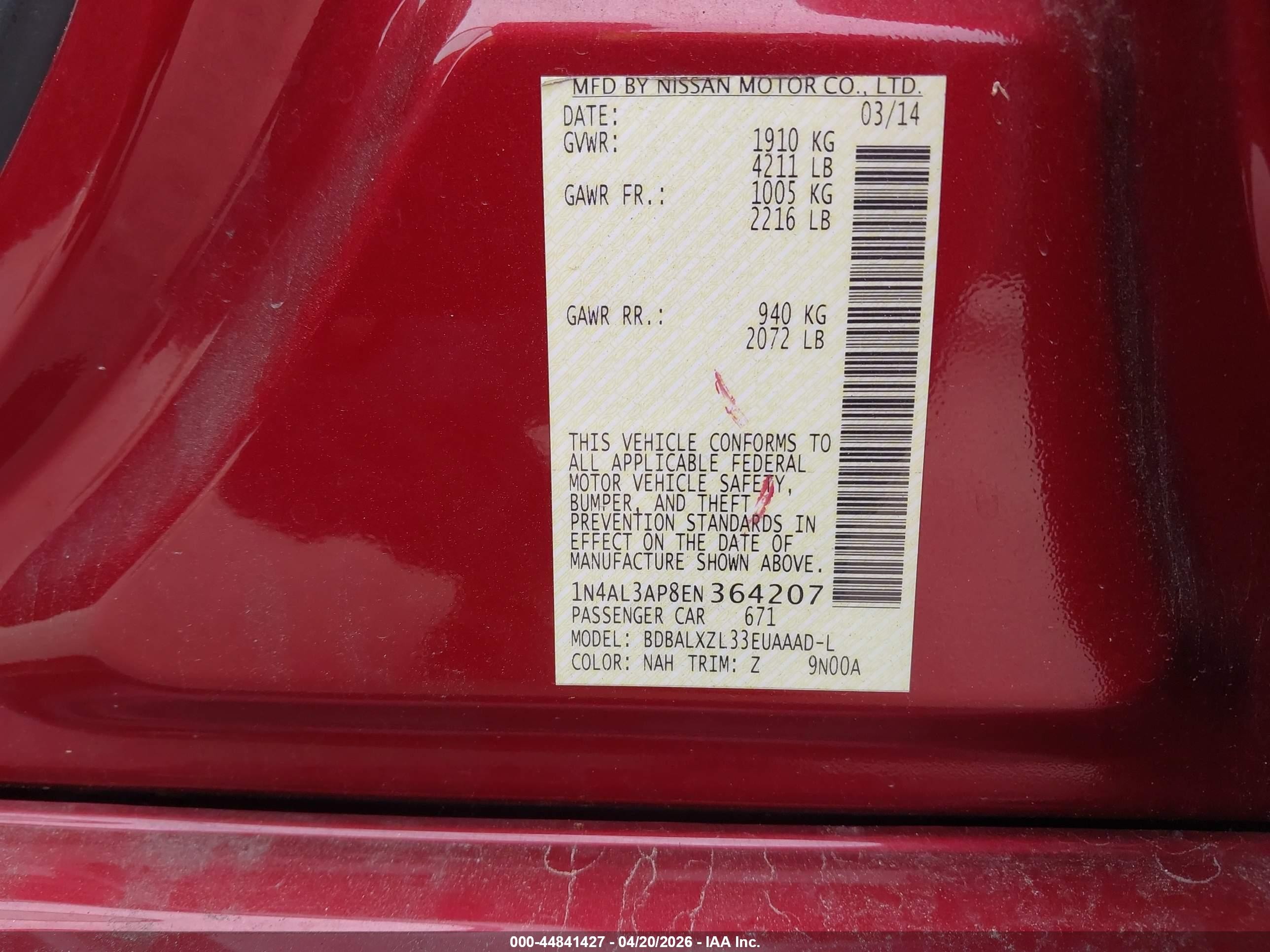 2014 Nissan Altima 2.5 Sl Maroon vin: 1N4AL3AP8EN364207