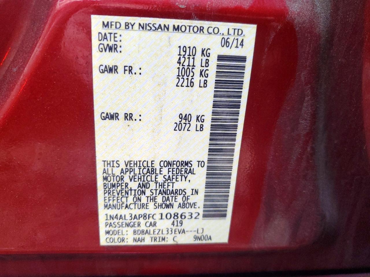 2015 Nissan Altima 2.5 S Red vin: 1N4AL3AP8FC108632