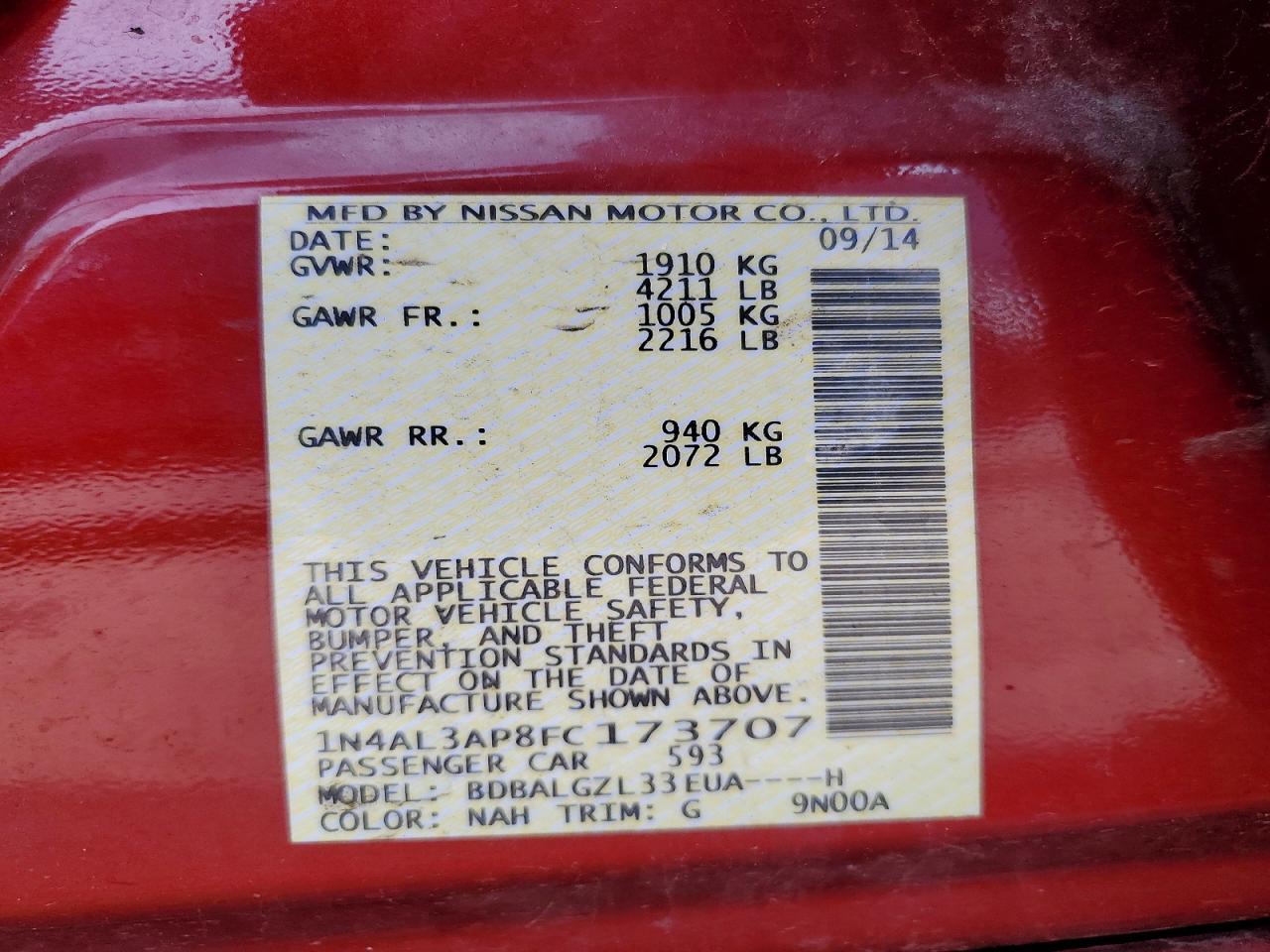 2015 Nissan Altima 2.5 S Red vin: 1N4AL3AP8FC173707