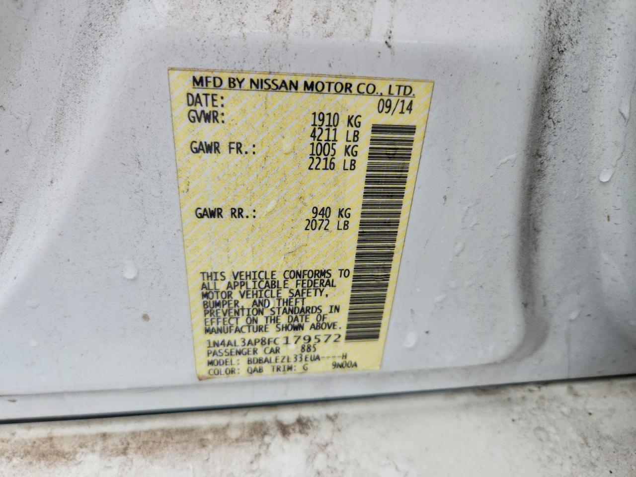 2015 Nissan Altima 2.5 S White vin: 1N4AL3AP8FC179572