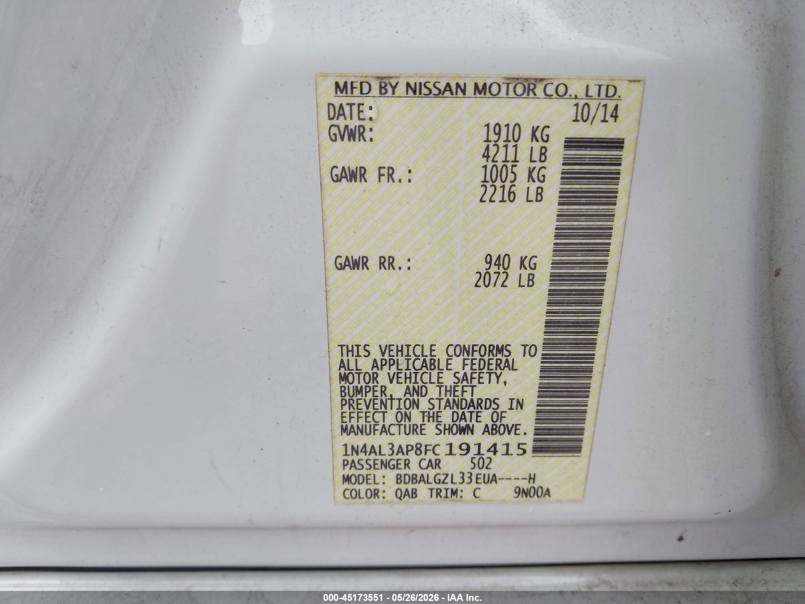 2015 Nissan Altima 2.5 S White vin: 1N4AL3AP8FC191415