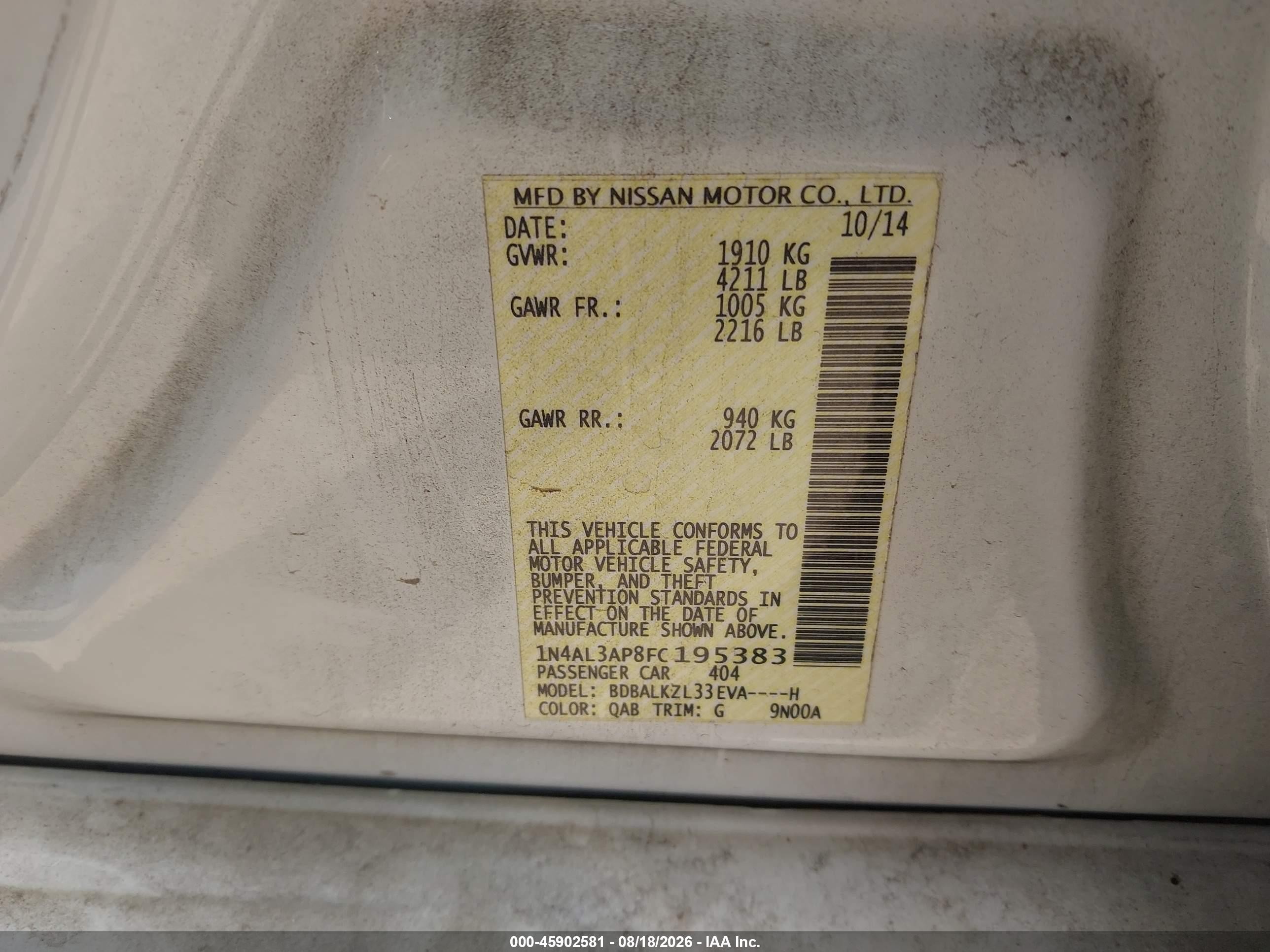 2015 Nissan Altima 2.5 Sv White vin: 1N4AL3AP8FC195383