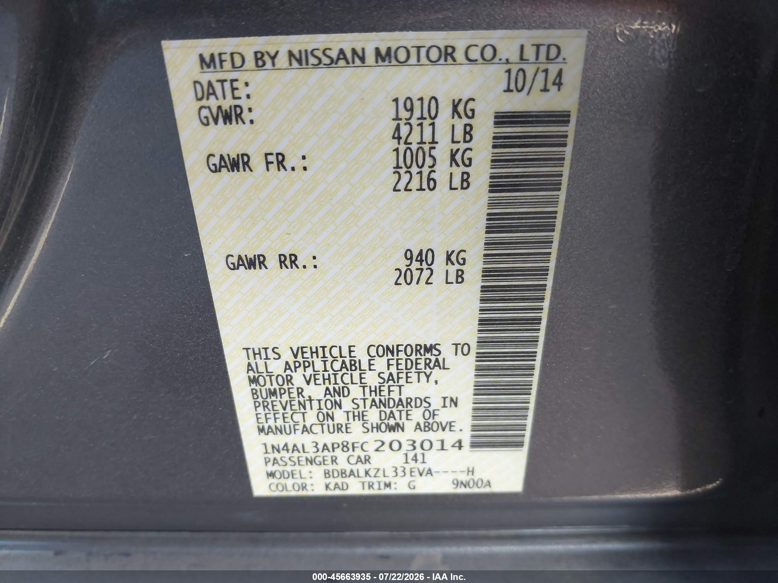 2015 Nissan Altima 2.5 Sv Gray vin: 1N4AL3AP8FC203014