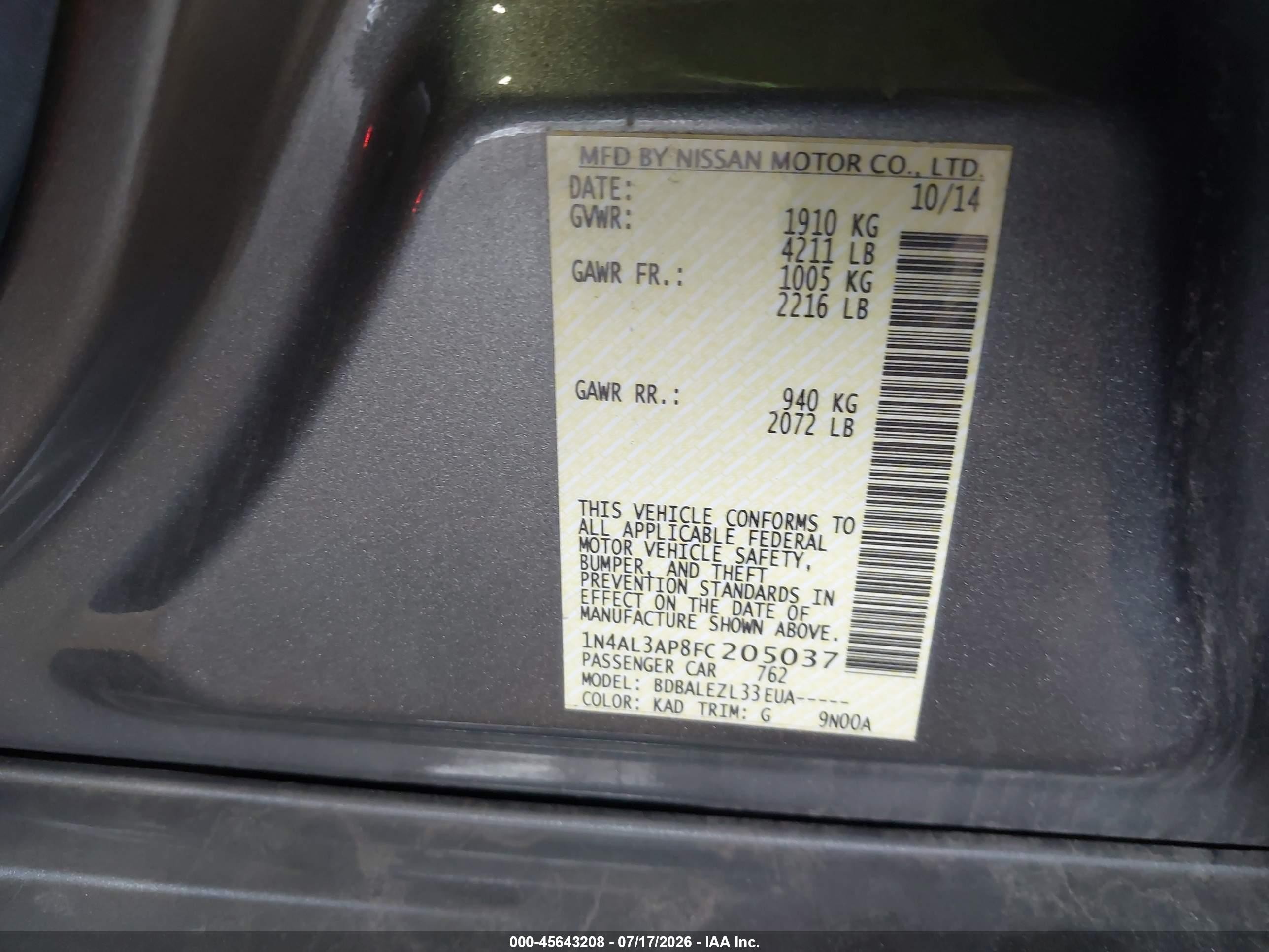 2015 Nissan Altima 2.5 S Gray vin: 1N4AL3AP8FC205037
