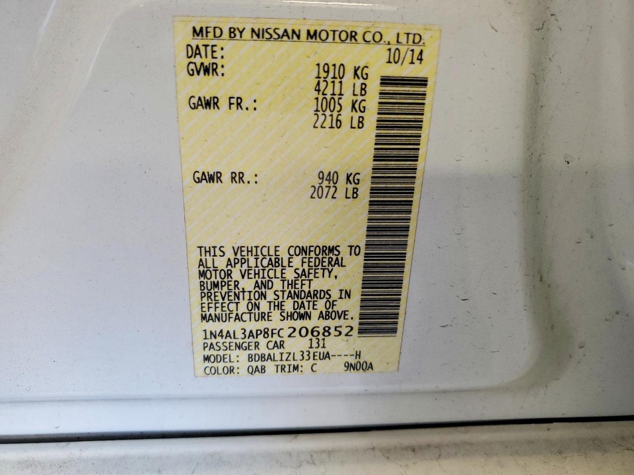 2015 Nissan Altima 2.5 Sv White vin: 1N4AL3AP8FC206852