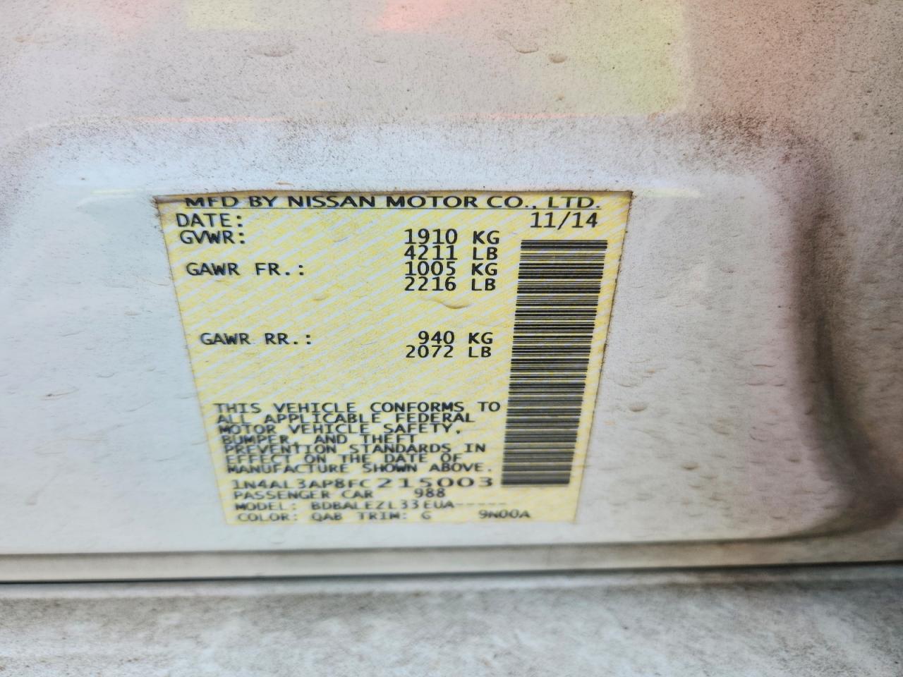 2015 Nissan Altima 2.5 S White vin: 1N4AL3AP8FC215003
