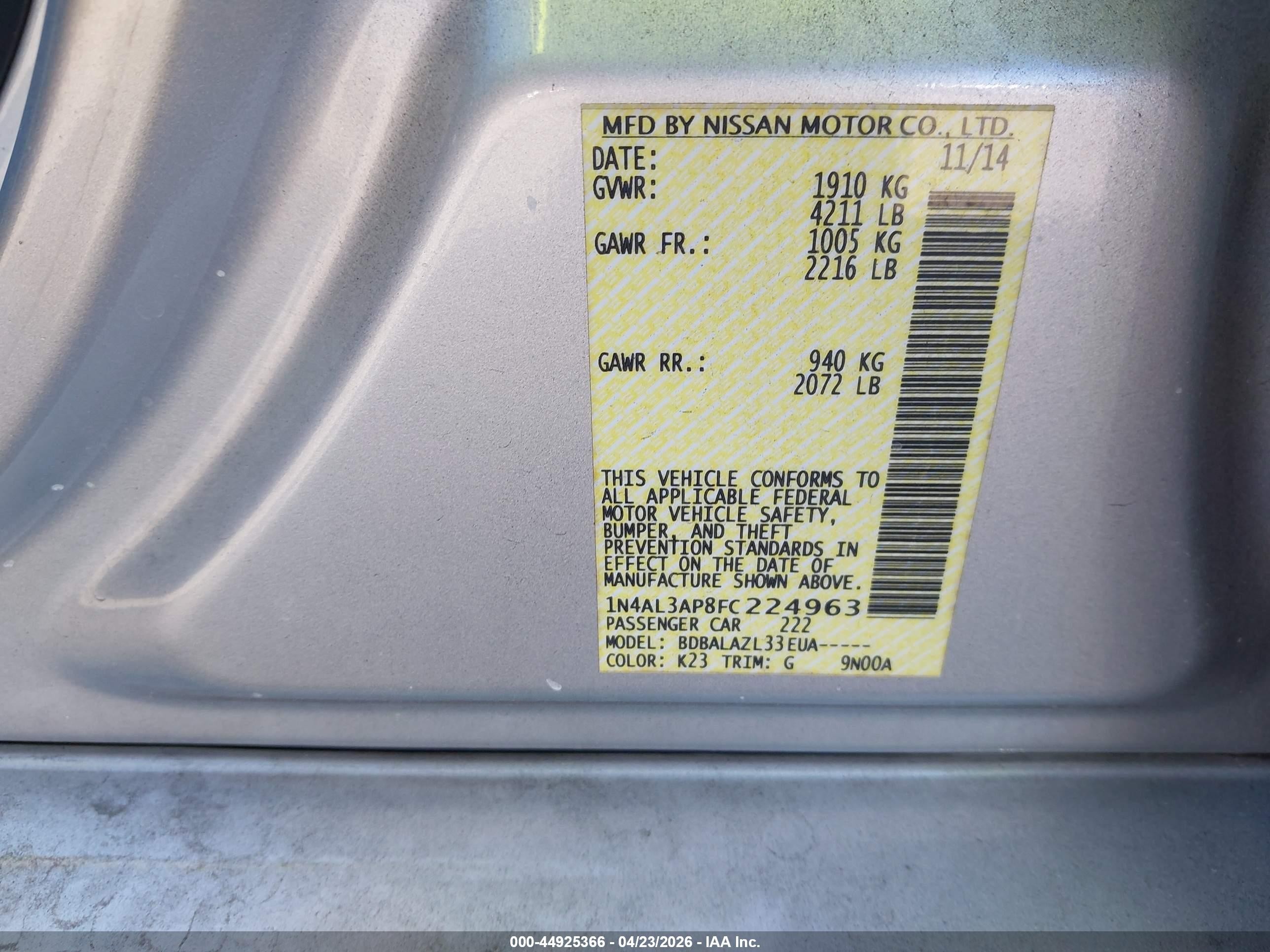 2015 Nissan Altima 2.5 Silver vin: 1N4AL3AP8FC224963