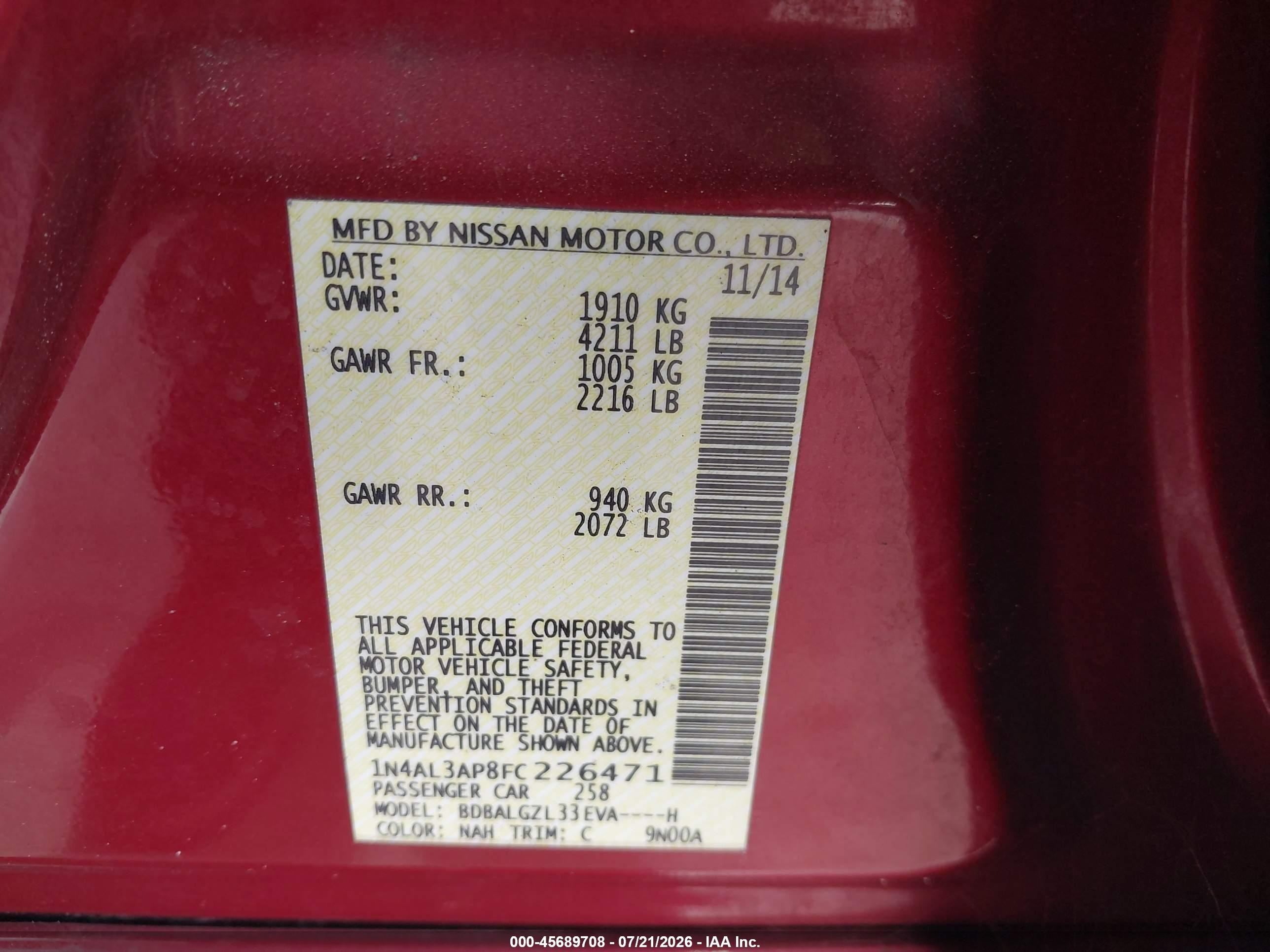 2015 Nissan Altima 2.5 S Red vin: 1N4AL3AP8FC226471