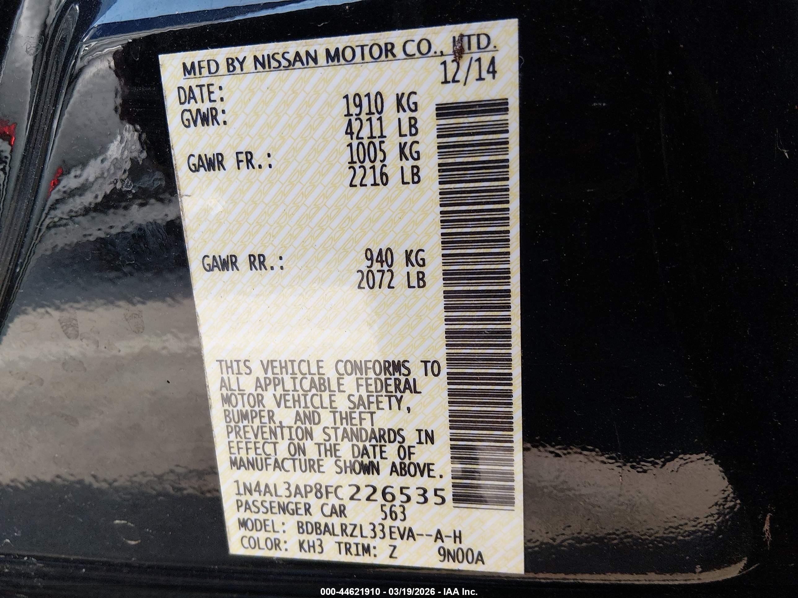 2015 Nissan Altima 2.5 Sl Black vin: 1N4AL3AP8FC226535