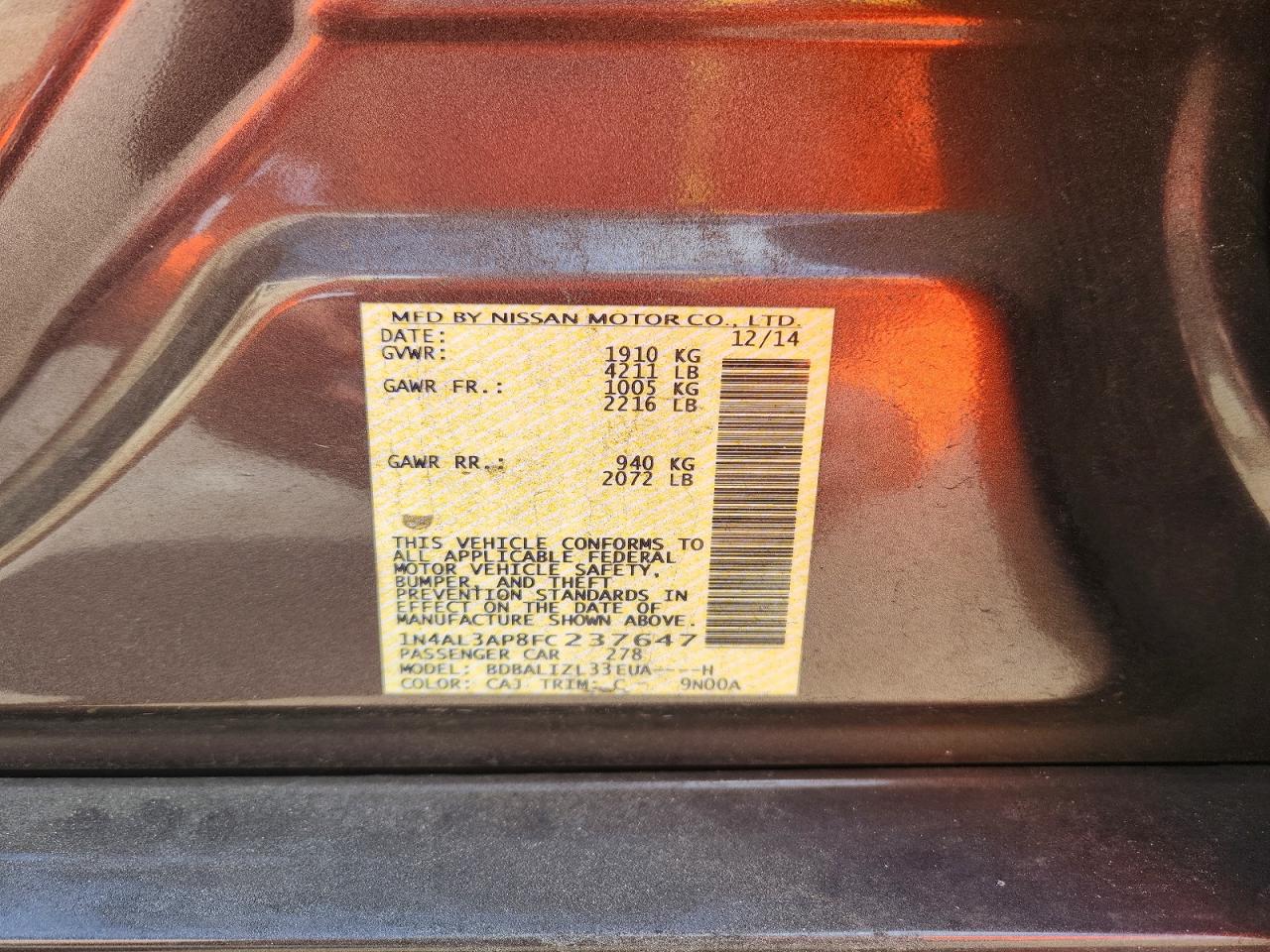 2015 Nissan Altima 2.5 Sv Brown vin: 1N4AL3AP8FC237647