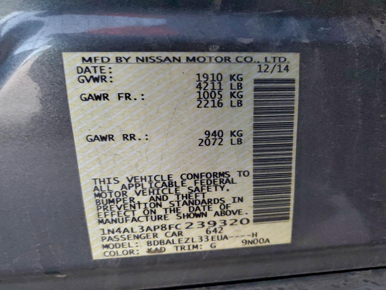 2015 Nissan Altima 2.5 Gray vin: 1N4AL3AP8FC239320