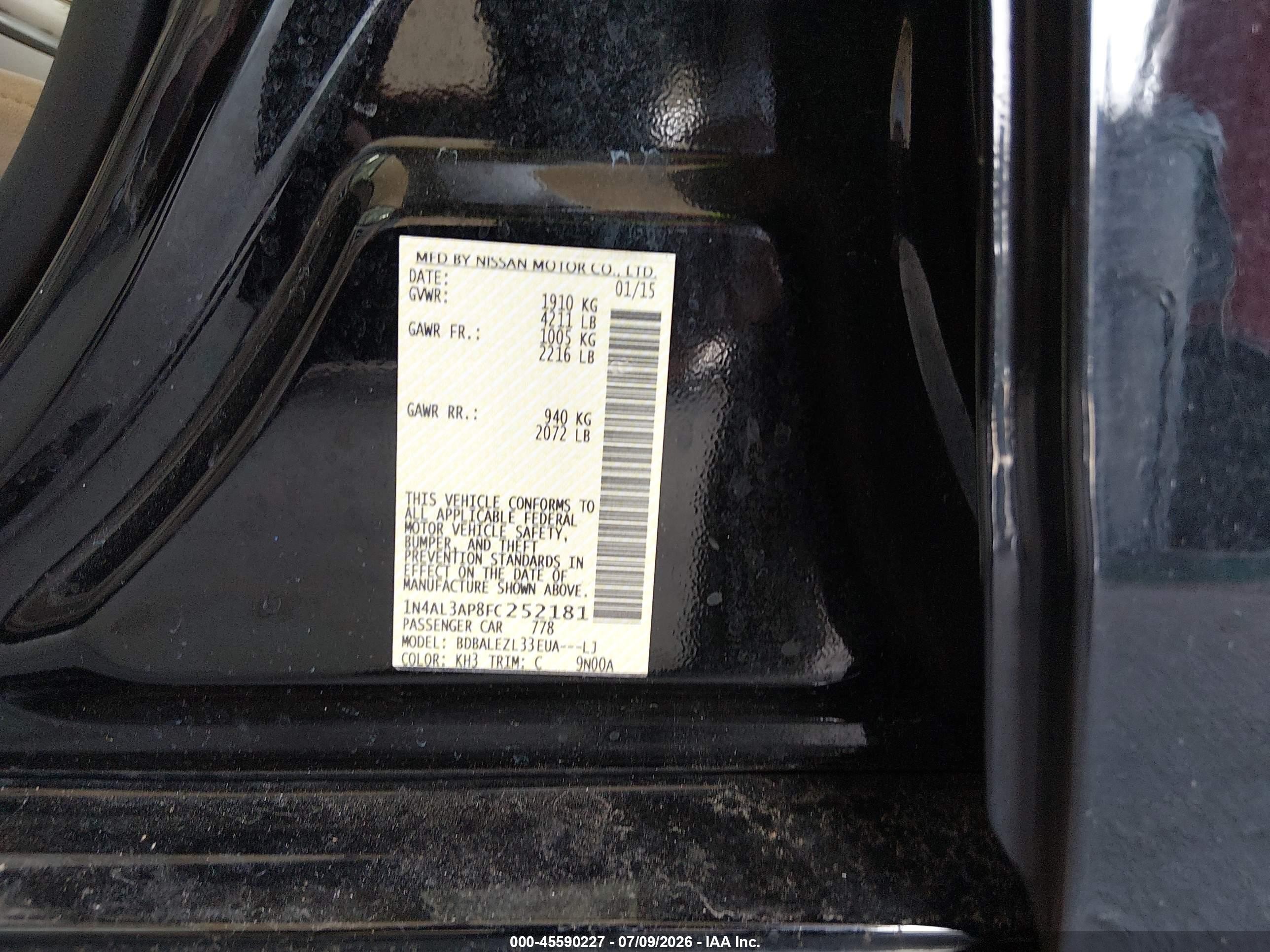 2015 Nissan Altima 2.5 S Black vin: 1N4AL3AP8FC252181
