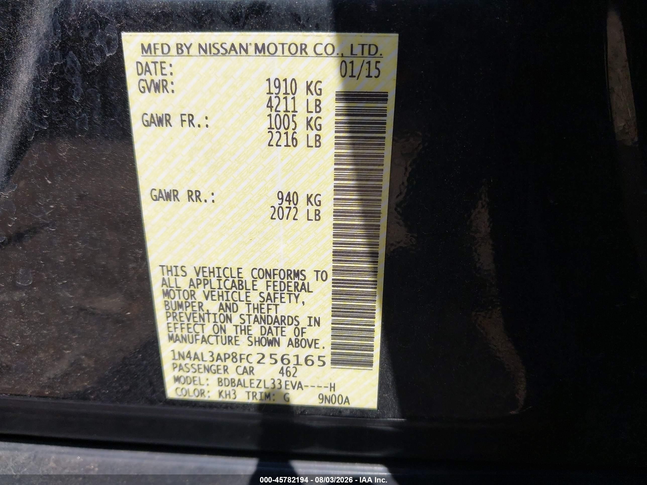 2015 Nissan Altima 2.5 S Black vin: 1N4AL3AP8FC256165