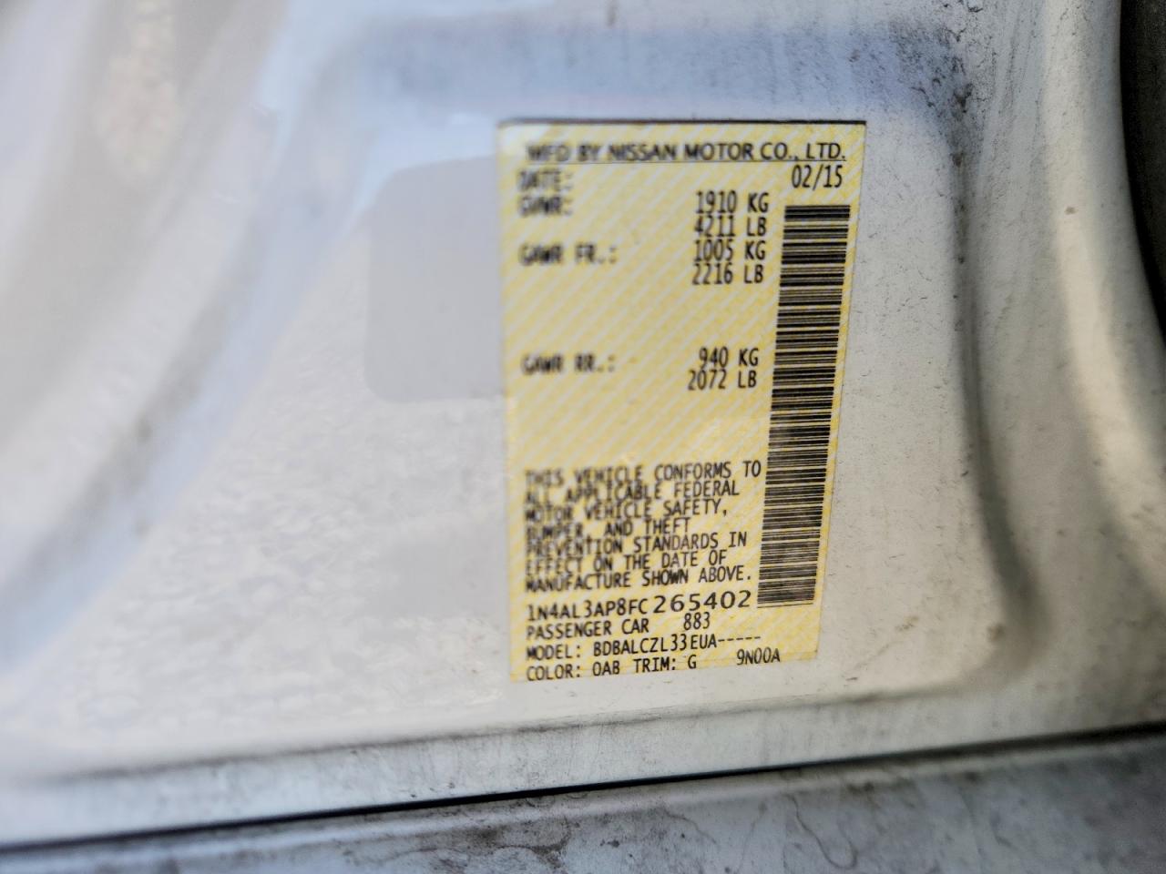 2015 Nissan Altima 2.5 S White vin: 1N4AL3AP8FC265402